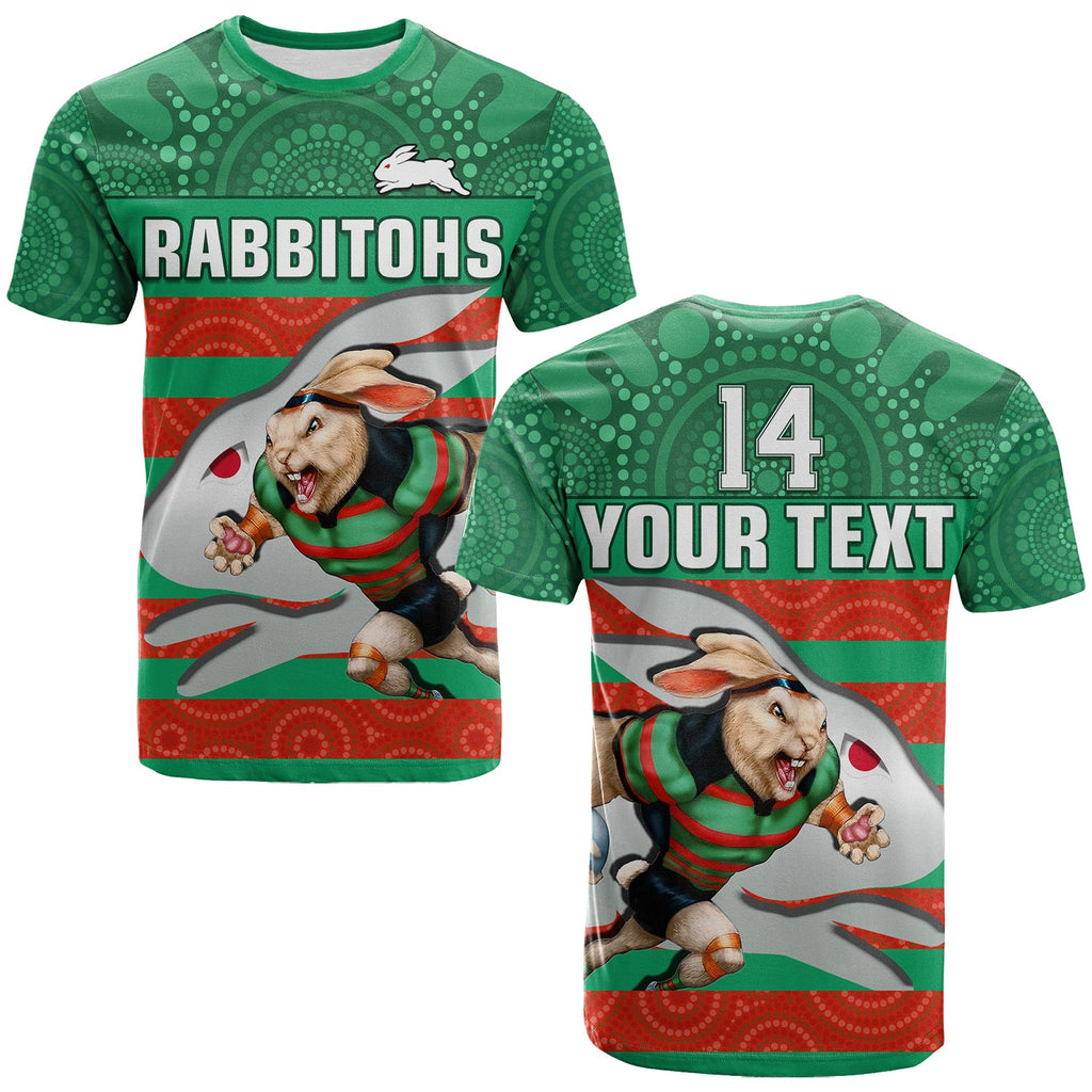 custom-text-and-number-rabbitohs-rugby-t-shirt-aboriginal-dot-painting-glory-glory-sporty-style