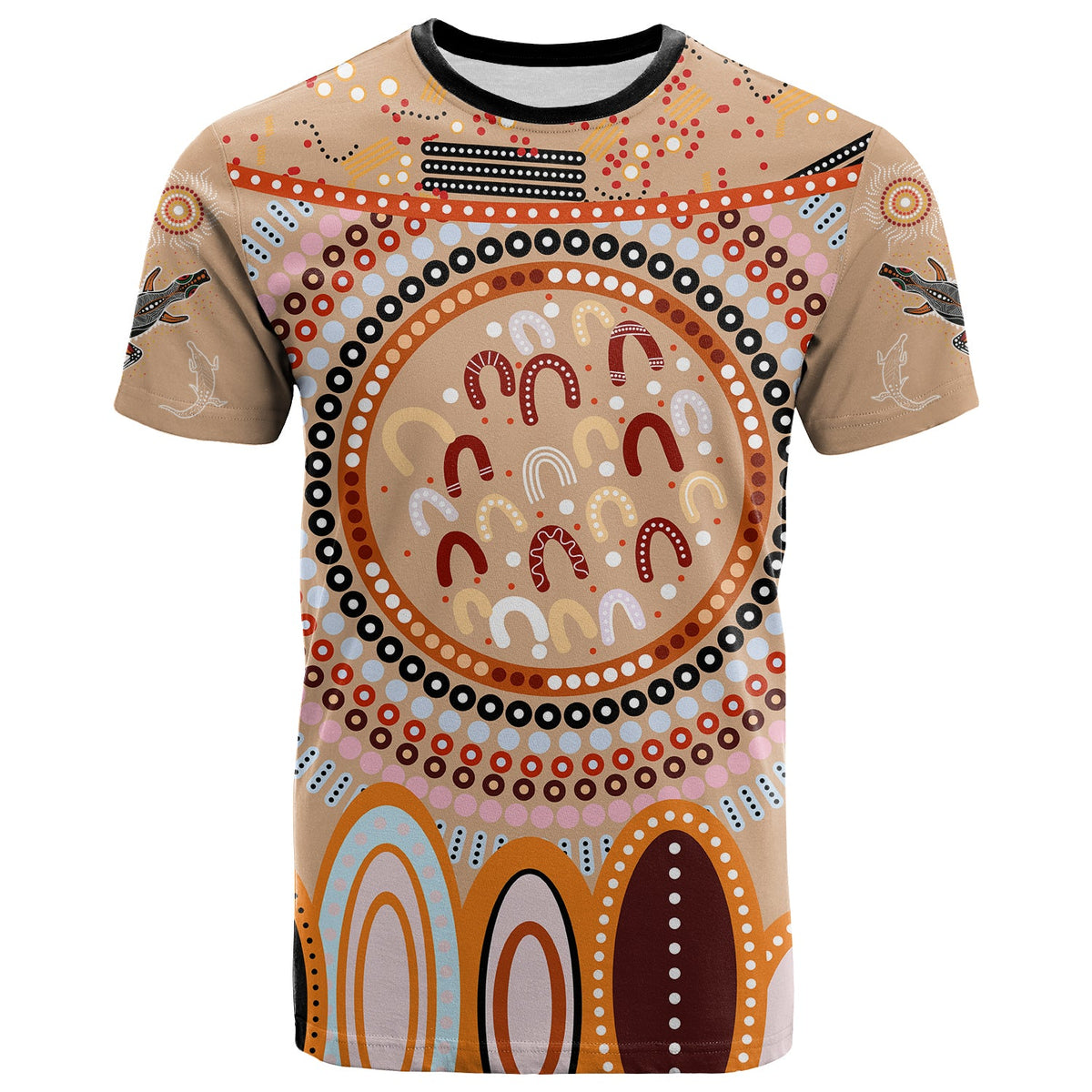 custom-text-and-number-aboriginal-stand-up-t-shirt-circle-dot-with-lizard-version-peachpuff