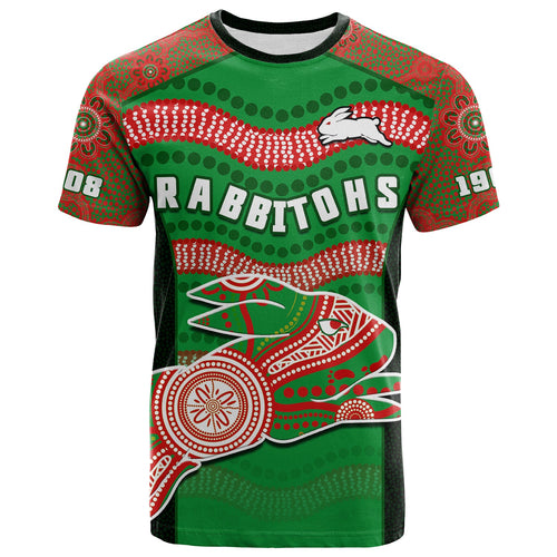 rabbitohs-rugby-t-shirt-souths-1908-aboriginal-dot-painting-go-bunnies