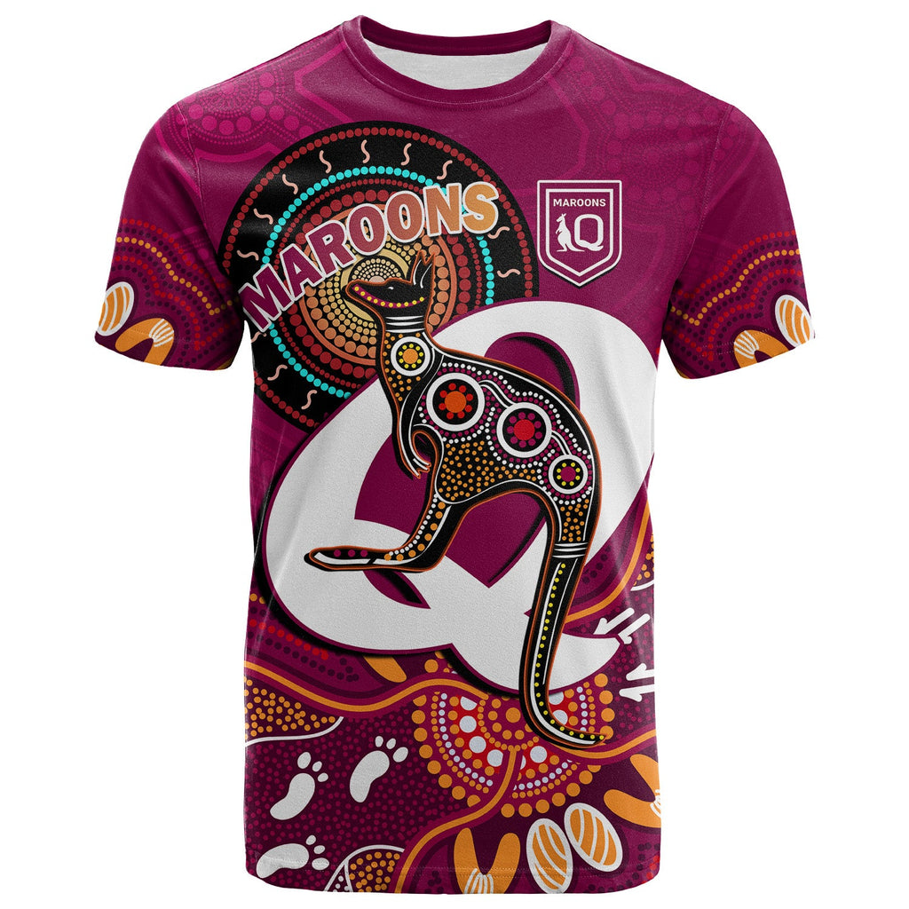 custom-text-and-number-maroons-rugby-t-shirt-queensland-kangaroo-aboriginal-dot-paintings