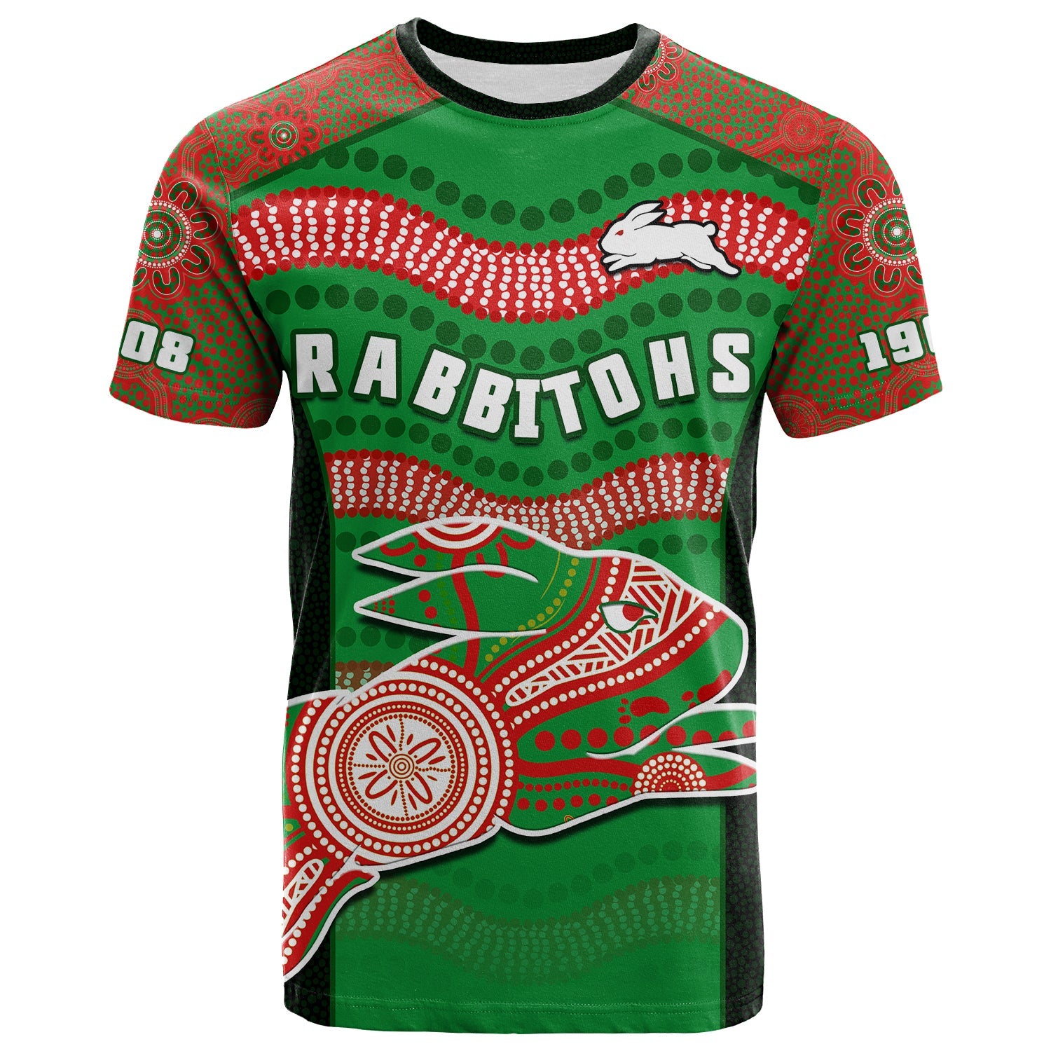 custom-text-and-number-rabbitohs-rugby-t-shirt-souths-1908-aboriginal-dot-painting-go-bunnies