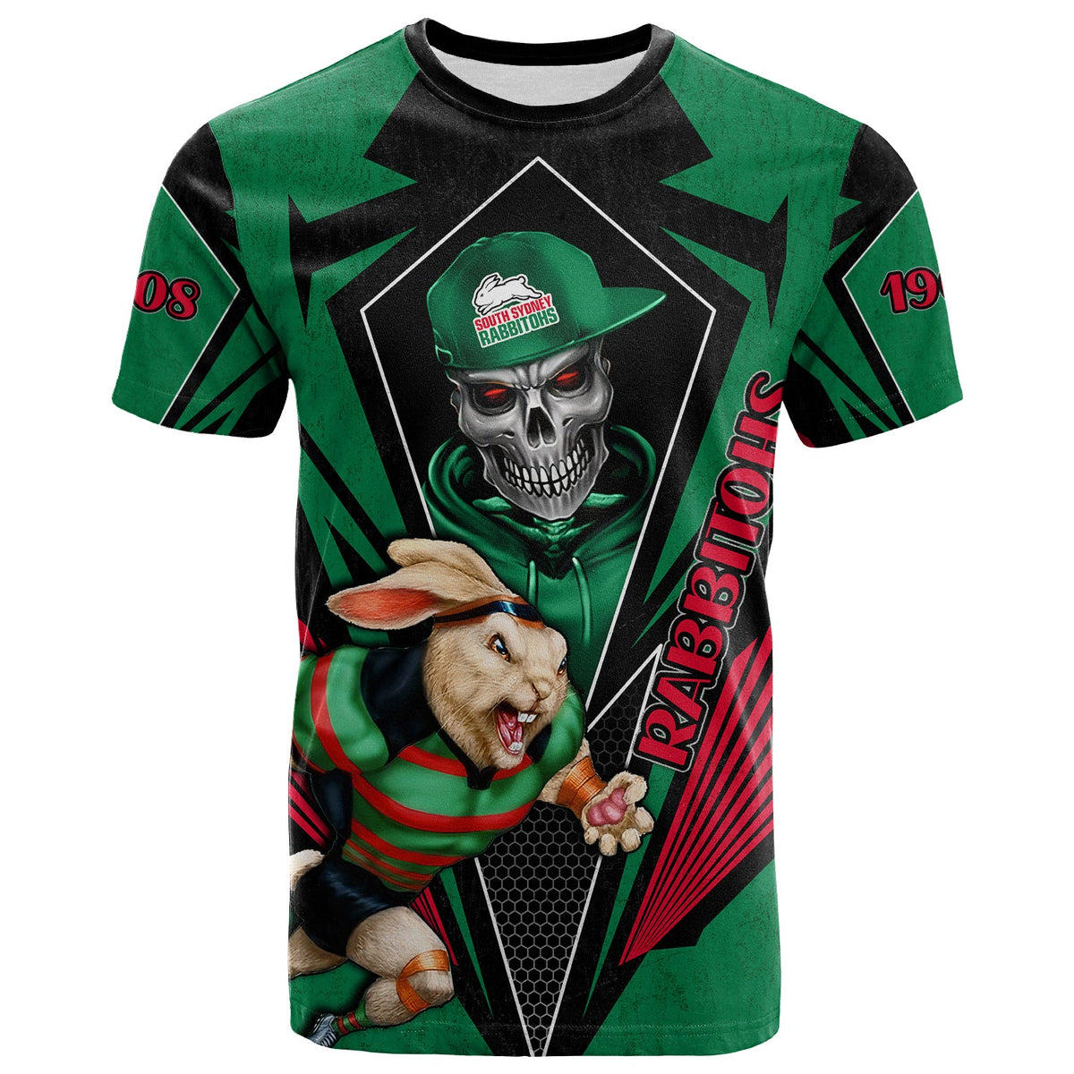 custom-personalised-rabbitohs-rugby-t-shirt-mascot-south-sydney-since-1908-cool-skull