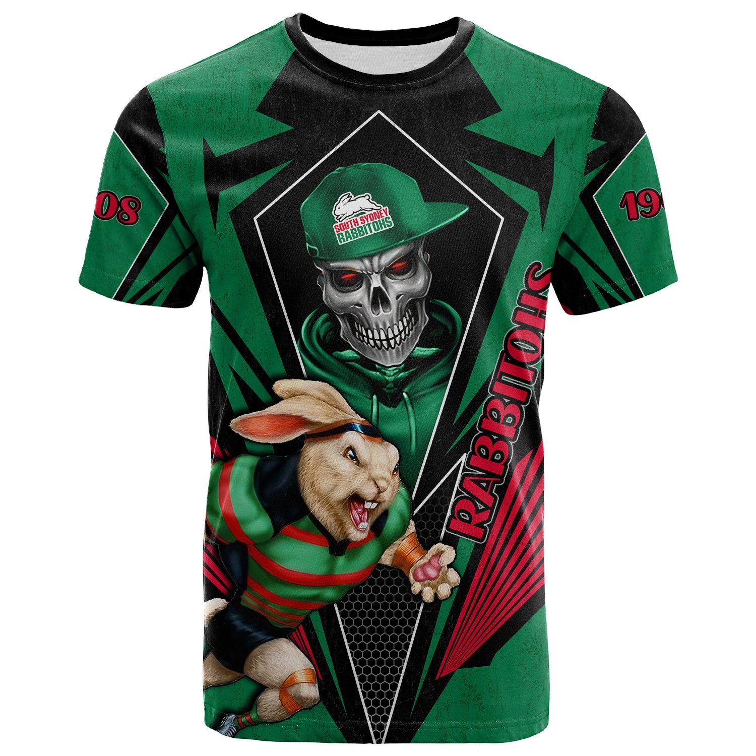 custom-personalised-rabbitohs-rugby-t-shirt-mascot-south-sydney-since-1908-cool-skull