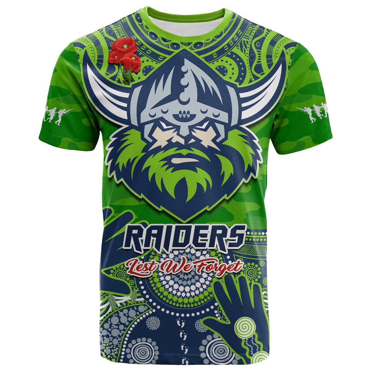 custom-text-and-number-raiders-rugby-anzac-2023-t-shirt-dots-poppy-mix-camouflage-lest-we-forget