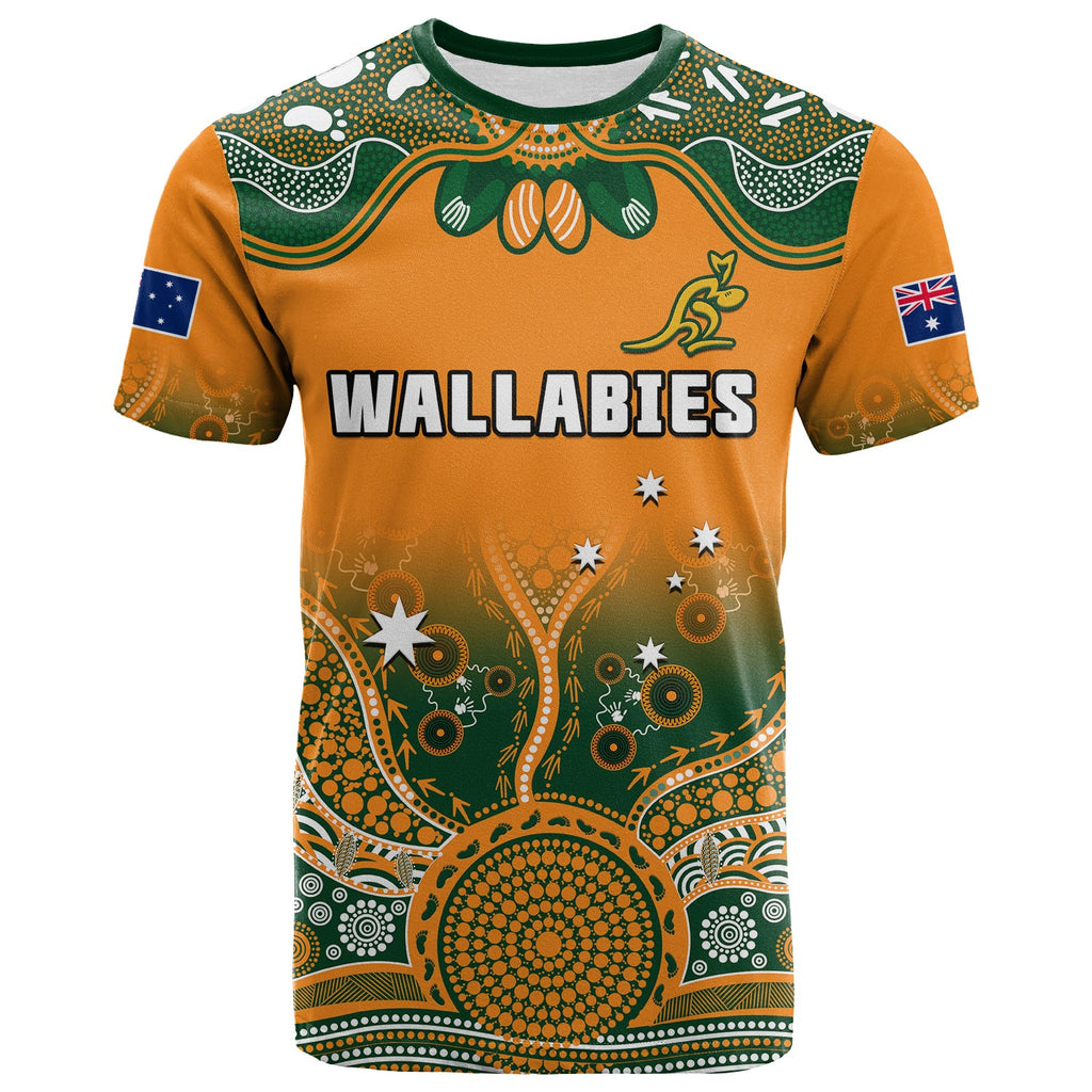 custom-text-and-number-australia-rugby-t-shirt-wallabies-kangaroo-orange-aboriginal