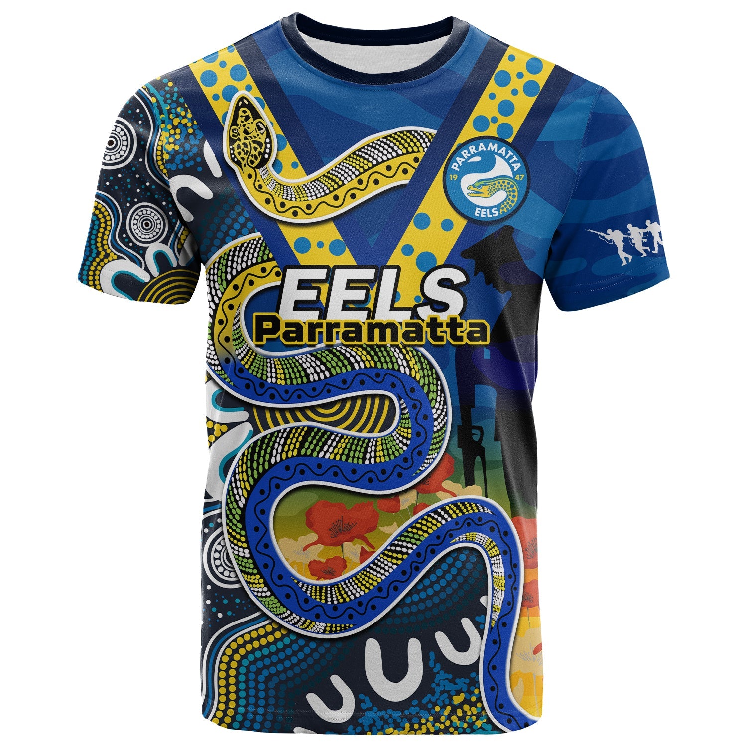 custom-text-and-number-eels-rugby-anzac-2023-t-shirt-aboriginal-mix-poppy-lest-we-forget