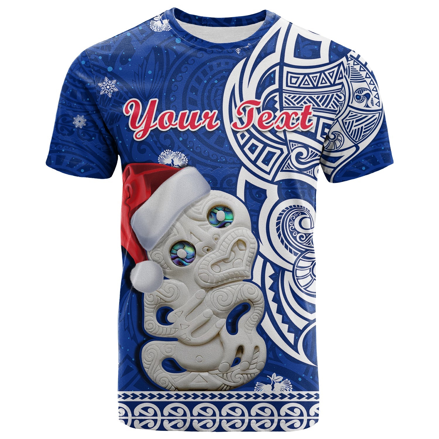 custom-personalised-new-zealand-christmas-t-shirt-hei-tiki-blue-pohutukawa-meri-kirihimete