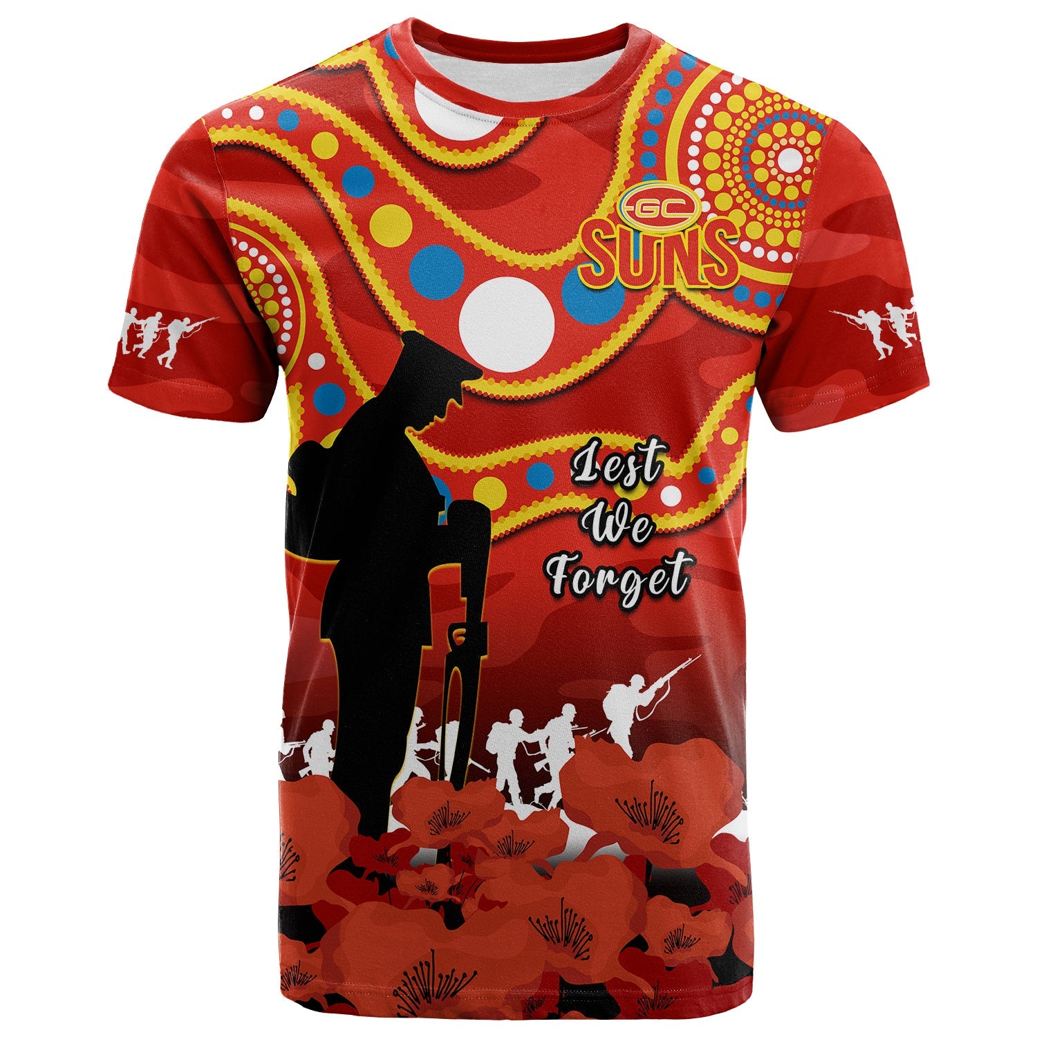custom-text-and-number-gold-coast-football-anzac-2023-t-shirt-suns-aboriginal-mix-poppy-camouflage