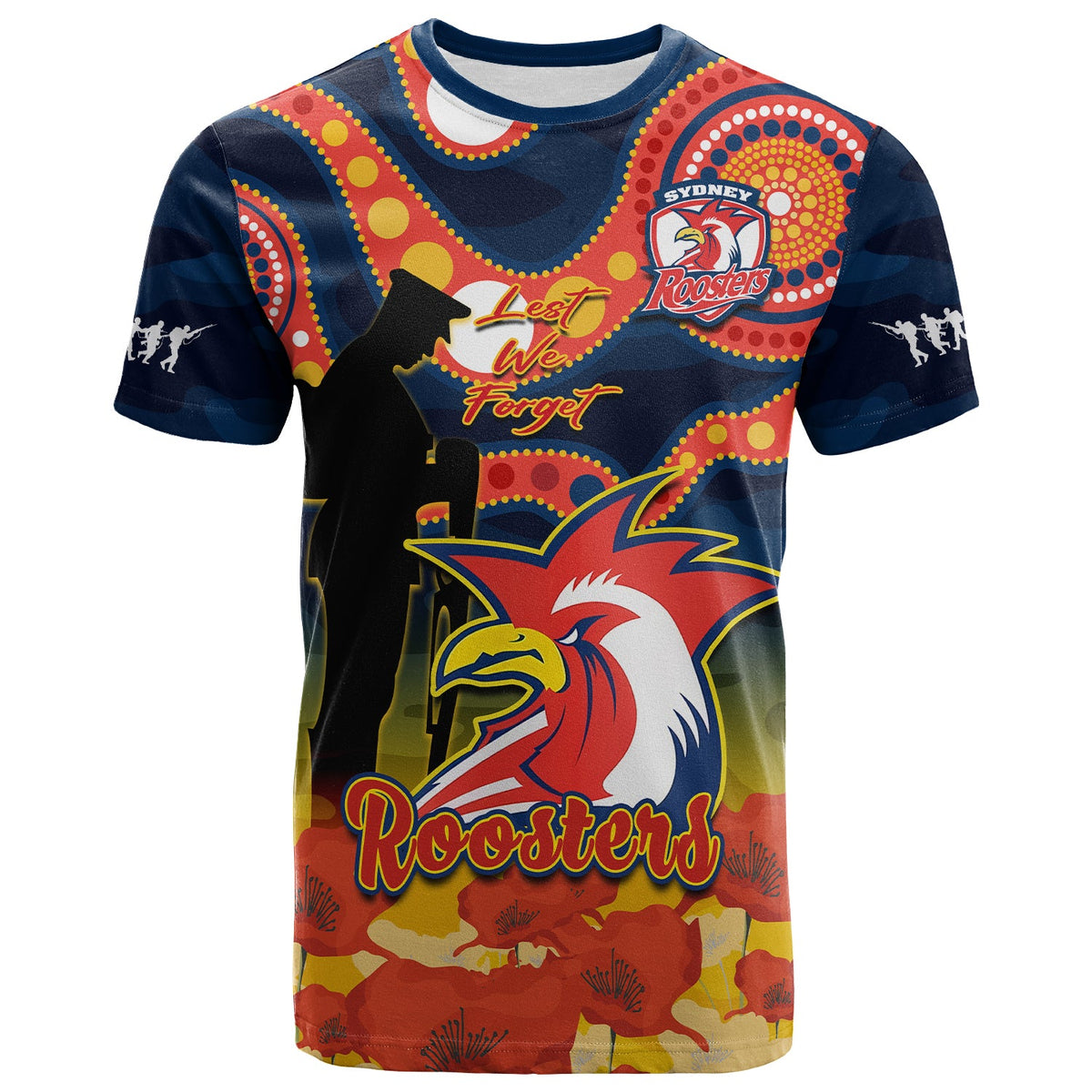 custom-text-and-number-roosters-rugby-anzac-2023-t-shirt-dots-poppy-mix-camouflage-lest-we-forget