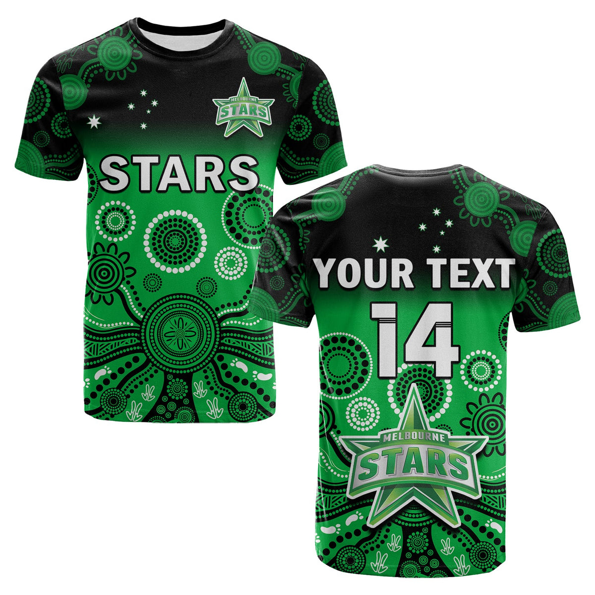 custom-text-and-number-stars-cricket-t-shirt-melbourne-team-green-gradient-aboriginal-art