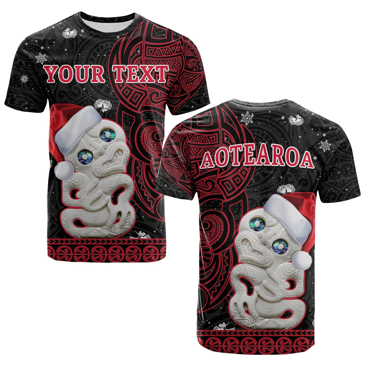 custom-personalised-new-zealand-christmas-t-shirt-hei-tiki-red-pohutukawa-meri-kirihimete