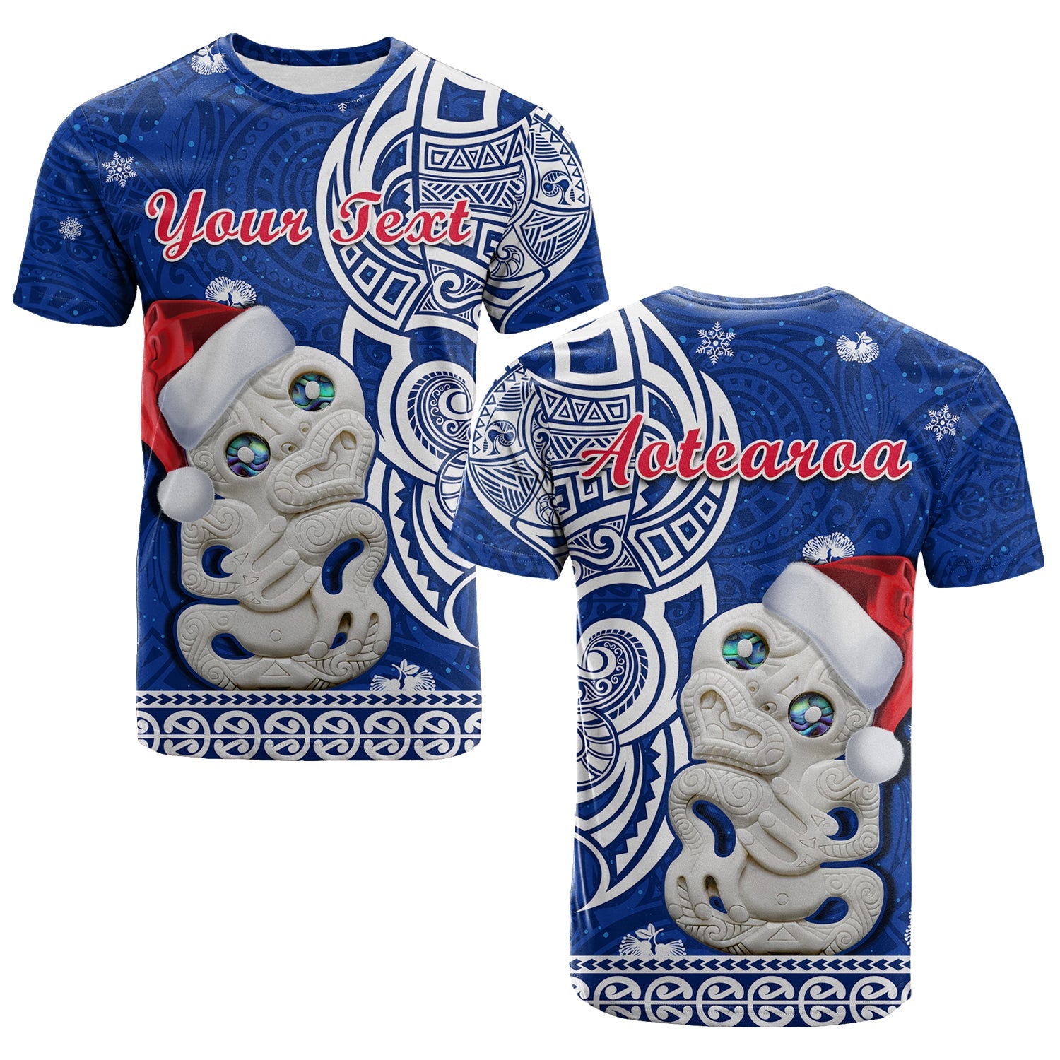 custom-personalised-new-zealand-christmas-t-shirt-hei-tiki-blue-pohutukawa-meri-kirihimete