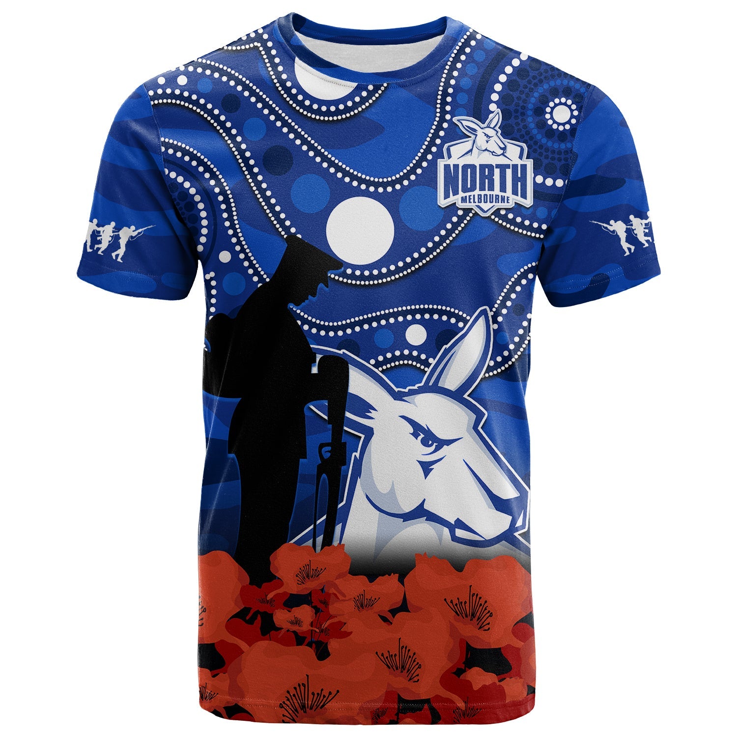 custom-text-and-number-north-melbourne-football-anzac-2023-t-shirt-kangaroos-aboriginal-mix-poppy-camouflage