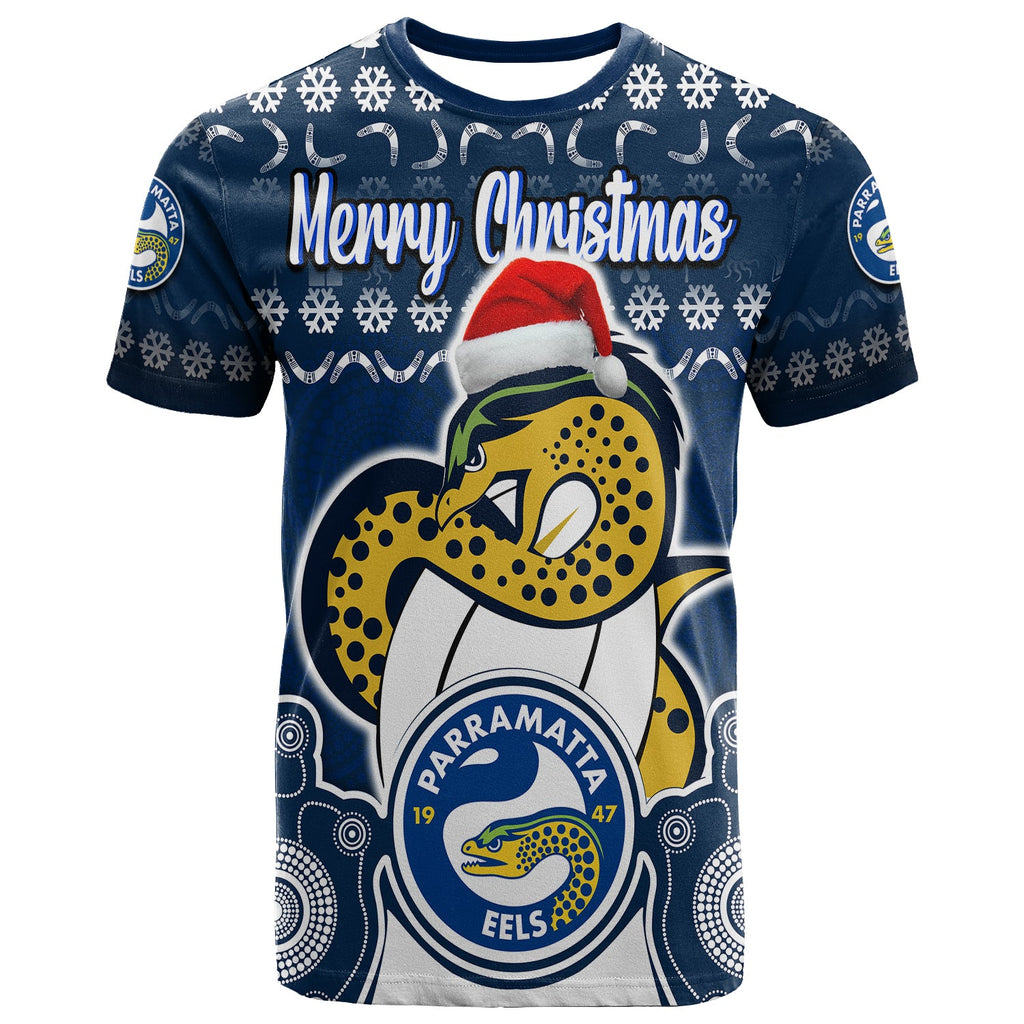 custom-personalised-parramatta-eels-christmas-vibe-with-aboriginal-dot-panting-style-t-shirt