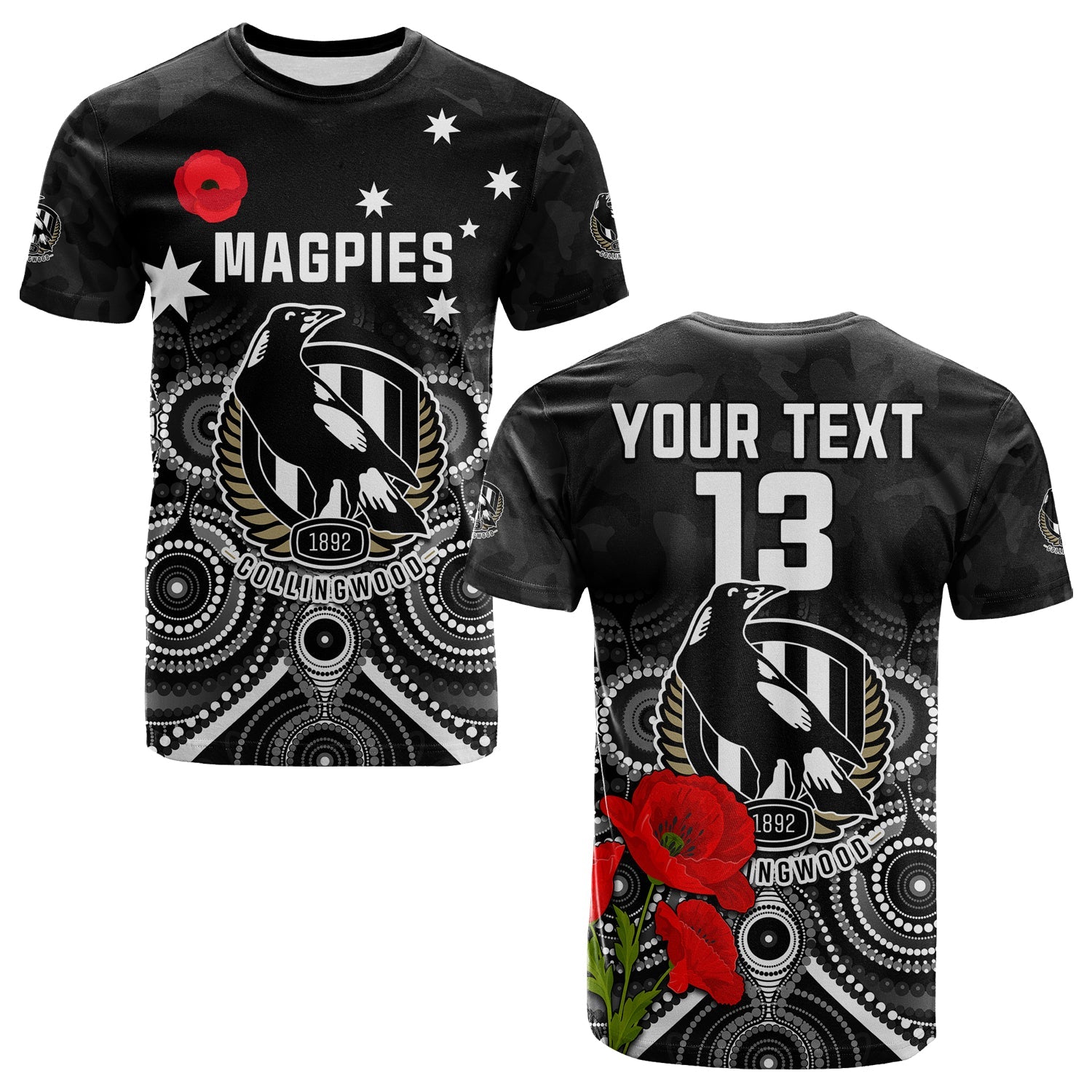 custom-text-and-number-magpies-football-anzac-day-t-shirt-aboriginal-poppy-flowers