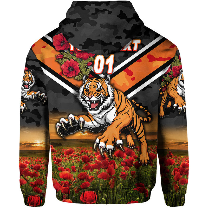 (Custom Personalised) Wests Tigers ANZAC 2022 Zip Up And Pullover Hoodie Poppy Flowers Vibes LT8