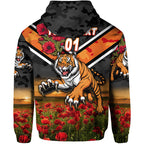 (Custom Personalised) Wests Tigers ANZAC 2022 Zip Up And Pullover Hoodie Poppy Flowers Vibes LT8