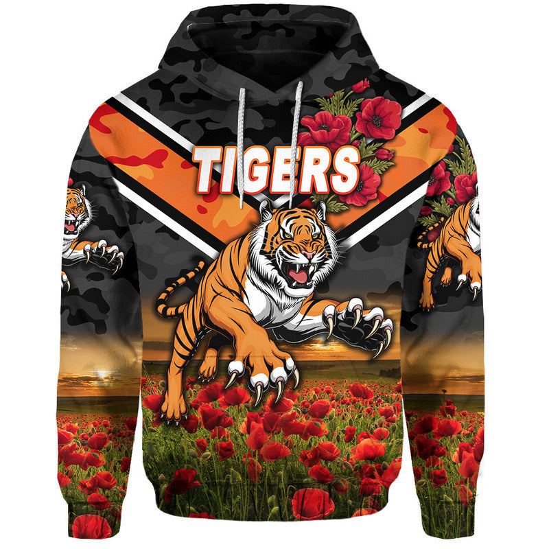 (Custom Personalised) Wests Tigers ANZAC 2022 Zip Up And Pullover Hoodie Poppy Flowers Vibes LT8