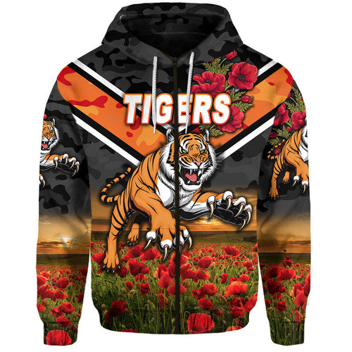 (Custom Personalised) Wests Tigers ANZAC 2022 Zip Up And Pullover Hoodie Poppy Flowers Vibes LT8