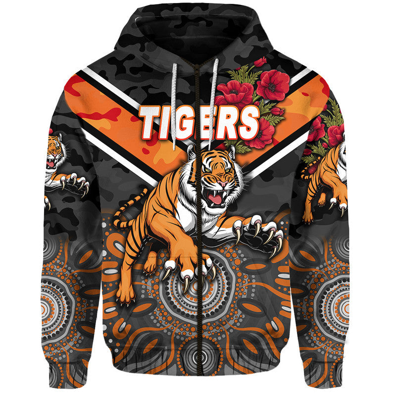 (Custom Personalised) Wests Tigers ANZAC 2022 Zip Up And Pullover Hoodie Indigenous Vibes LT8