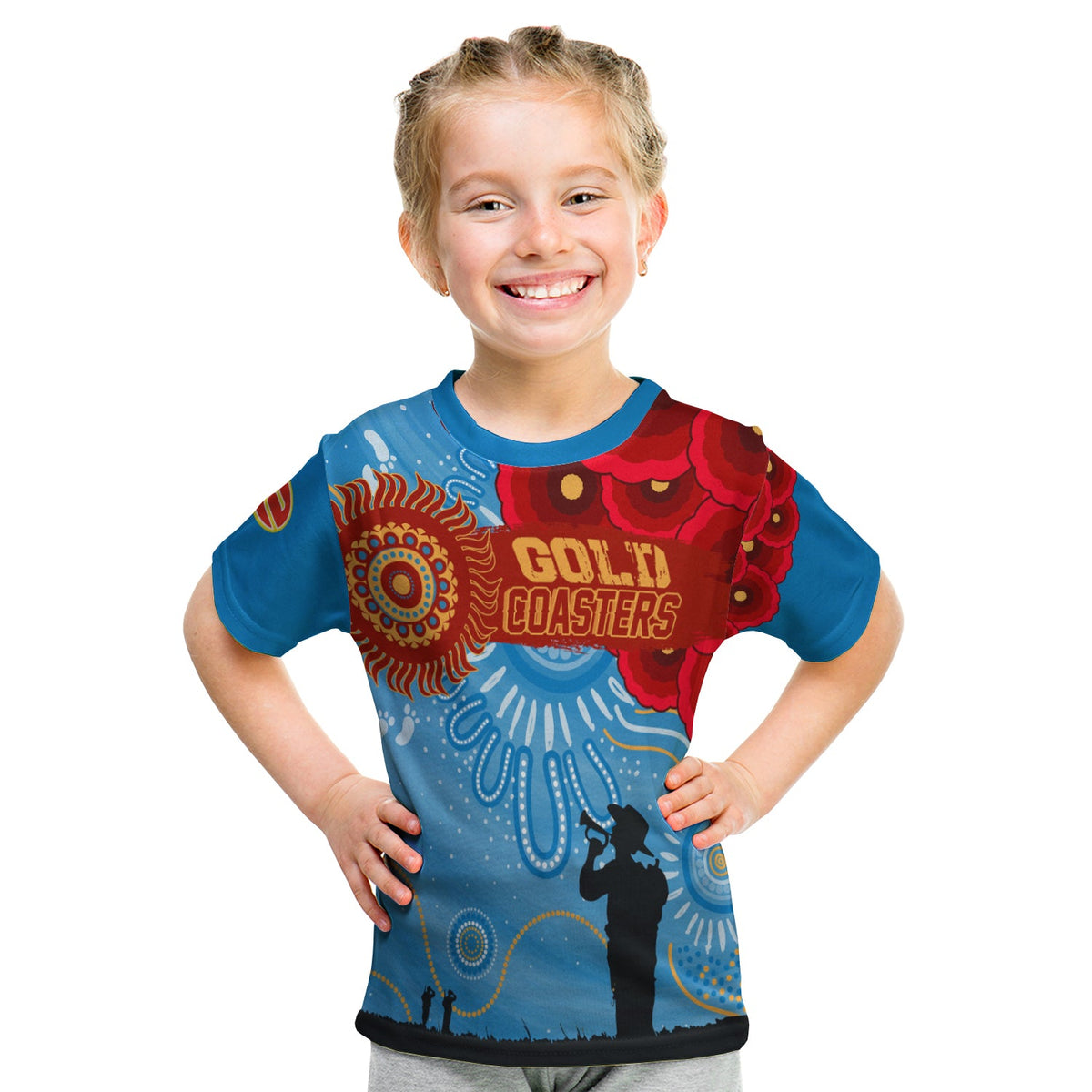 custom-personalised-gold-coaster-sunnies-indigenous-anzac-day-kid-t-shirt-we-will-remember