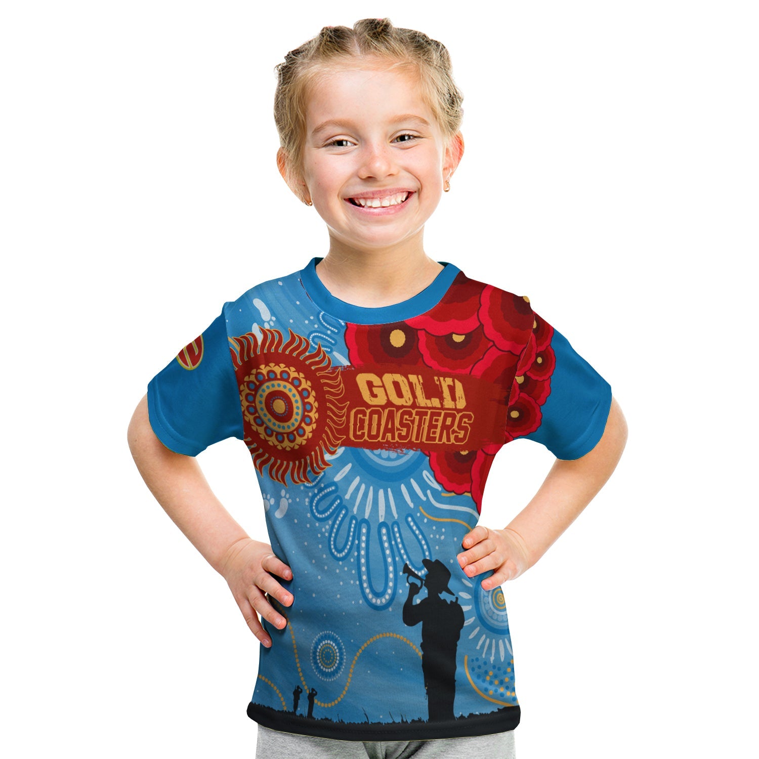 custom-personalised-gold-coaster-sunnies-indigenous-anzac-day-kid-t-shirt-we-will-remember