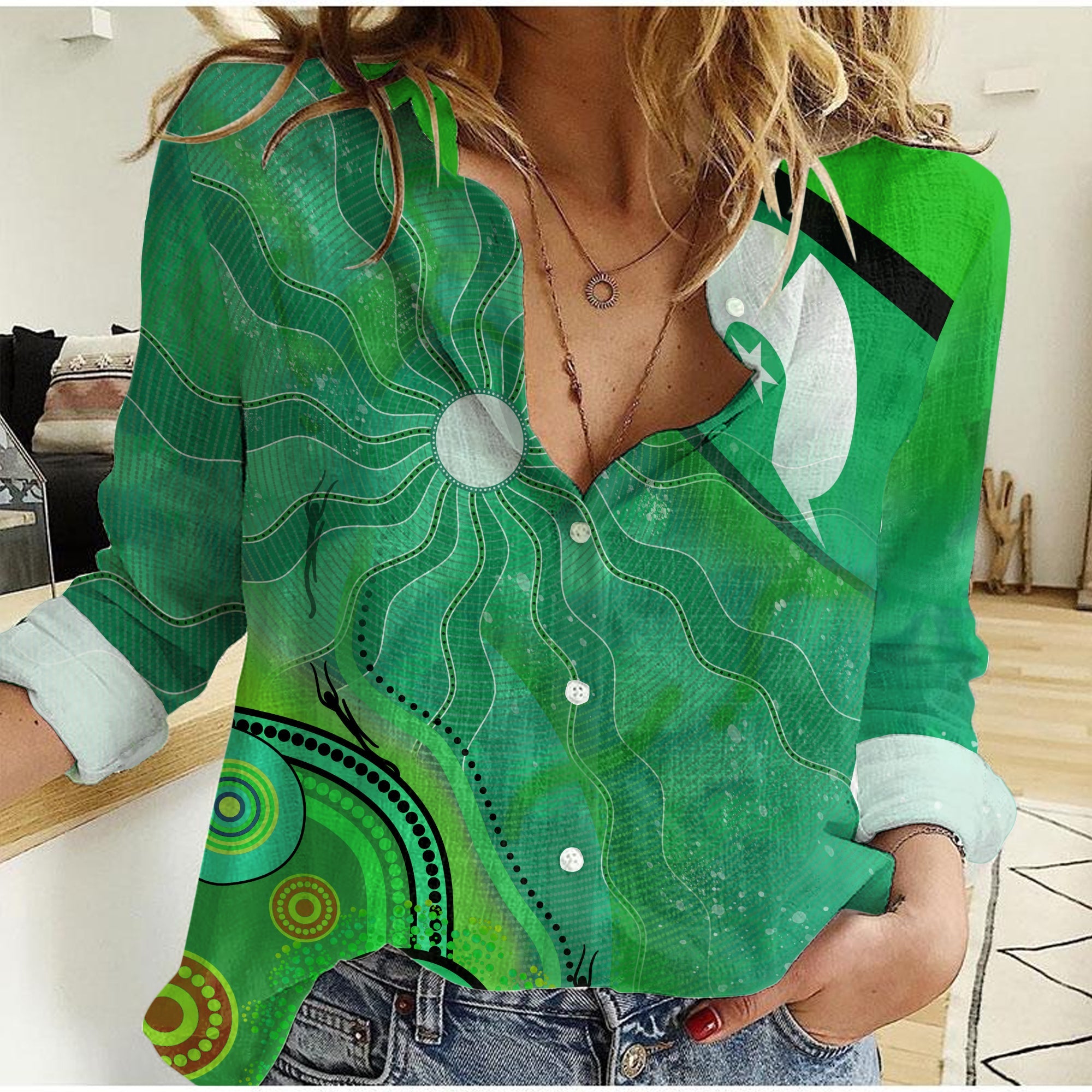 custom-text-and-number-torres-strait-islanders-flag-with-aboriginal-patterns-green-women-casual-shirt