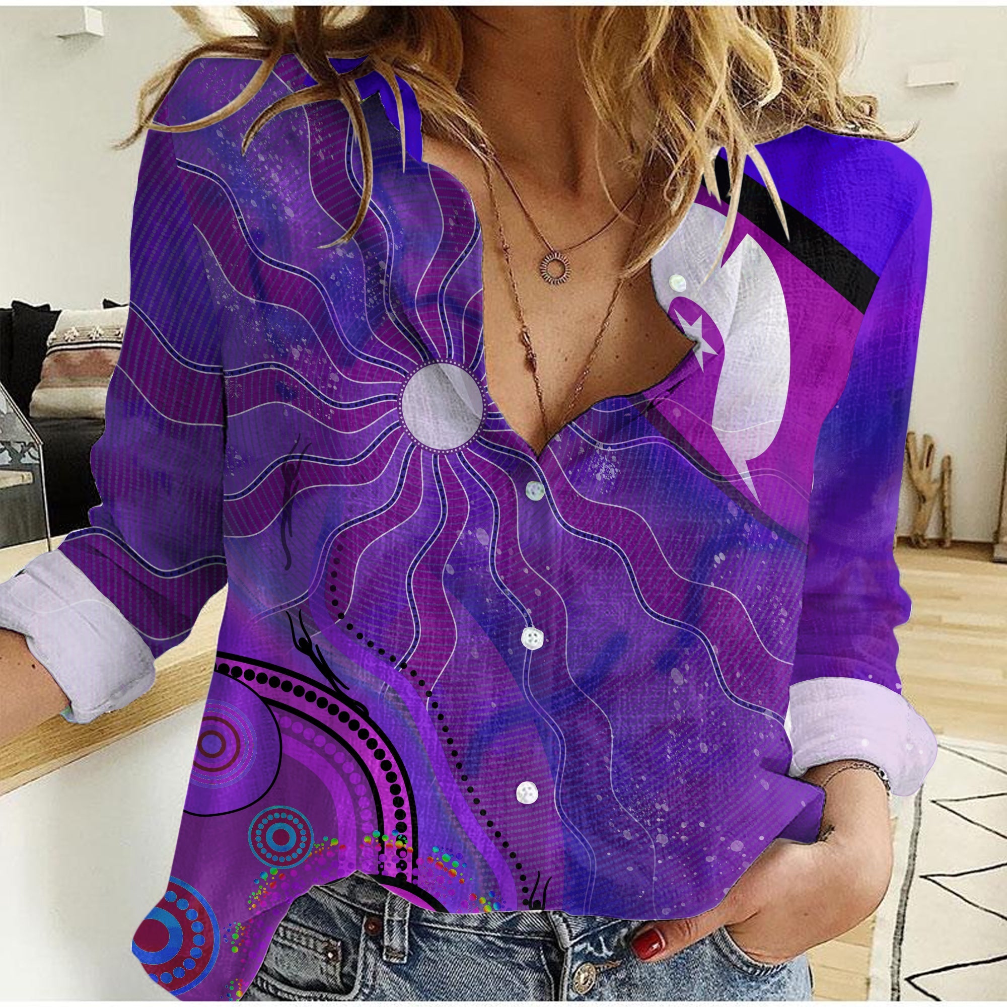 custom-text-and-number-torres-strait-islanders-flag-with-aboriginal-patterns-purple-women-casual-shirt