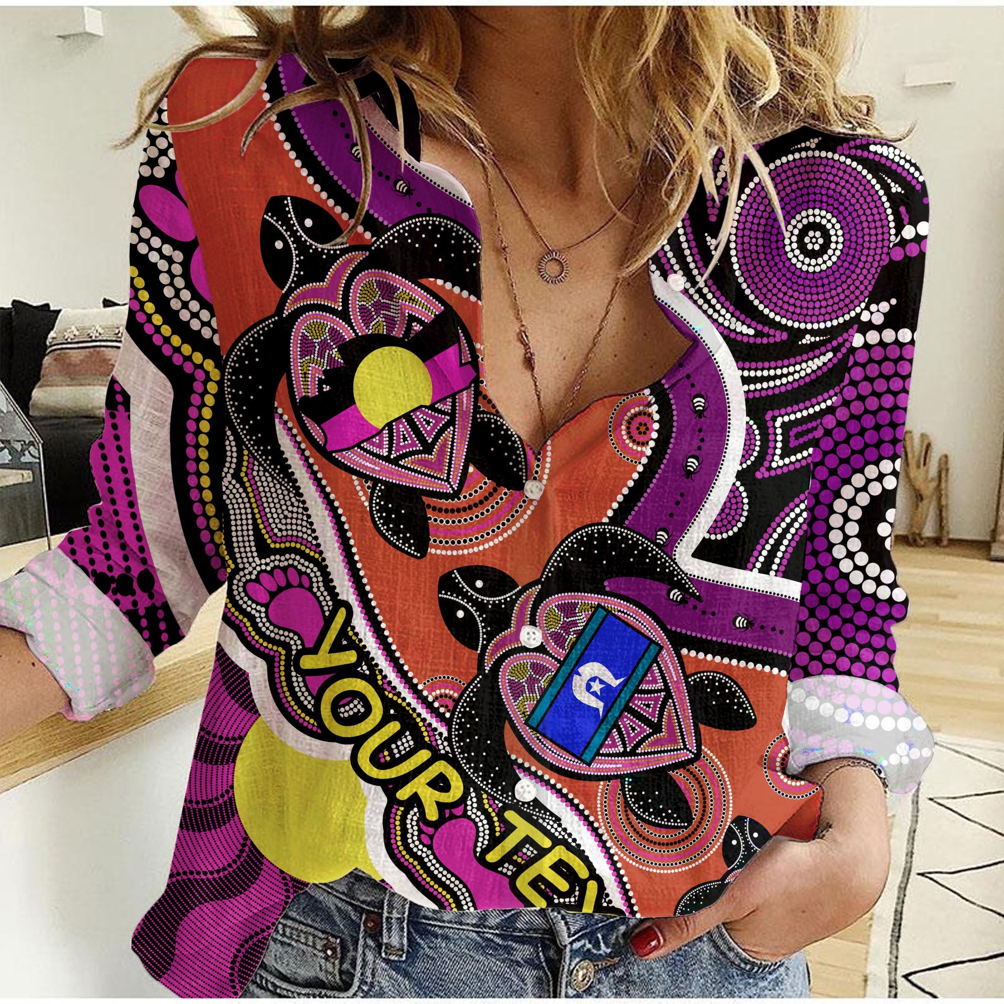 custom-personalised-australia-aboriginal-dots-with-turtle-and-naidoc-flags-purple-women-casual-shirt