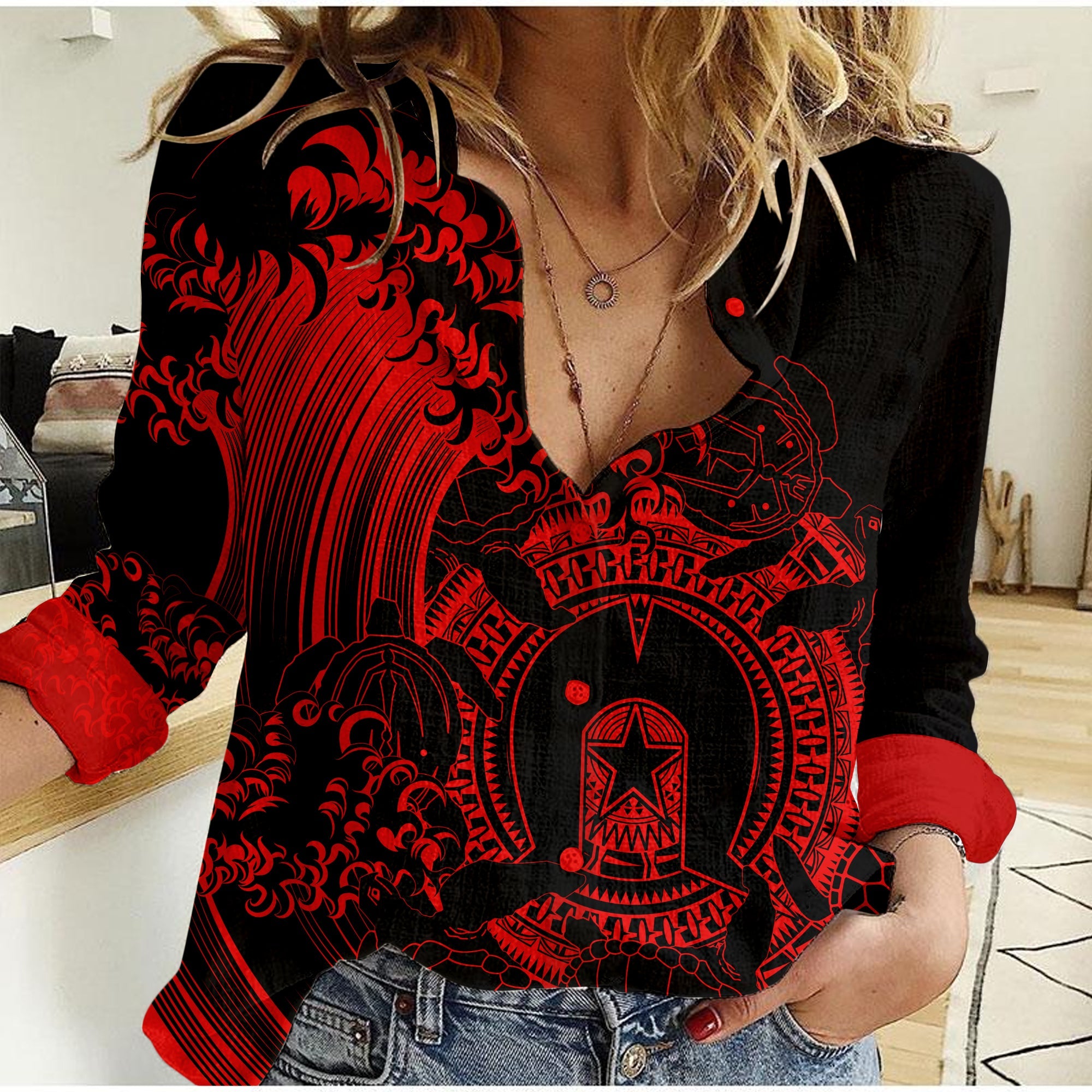 custom-personalised-aboriginal-torres-strait-islands-in-wave-red-women-casual-shirt