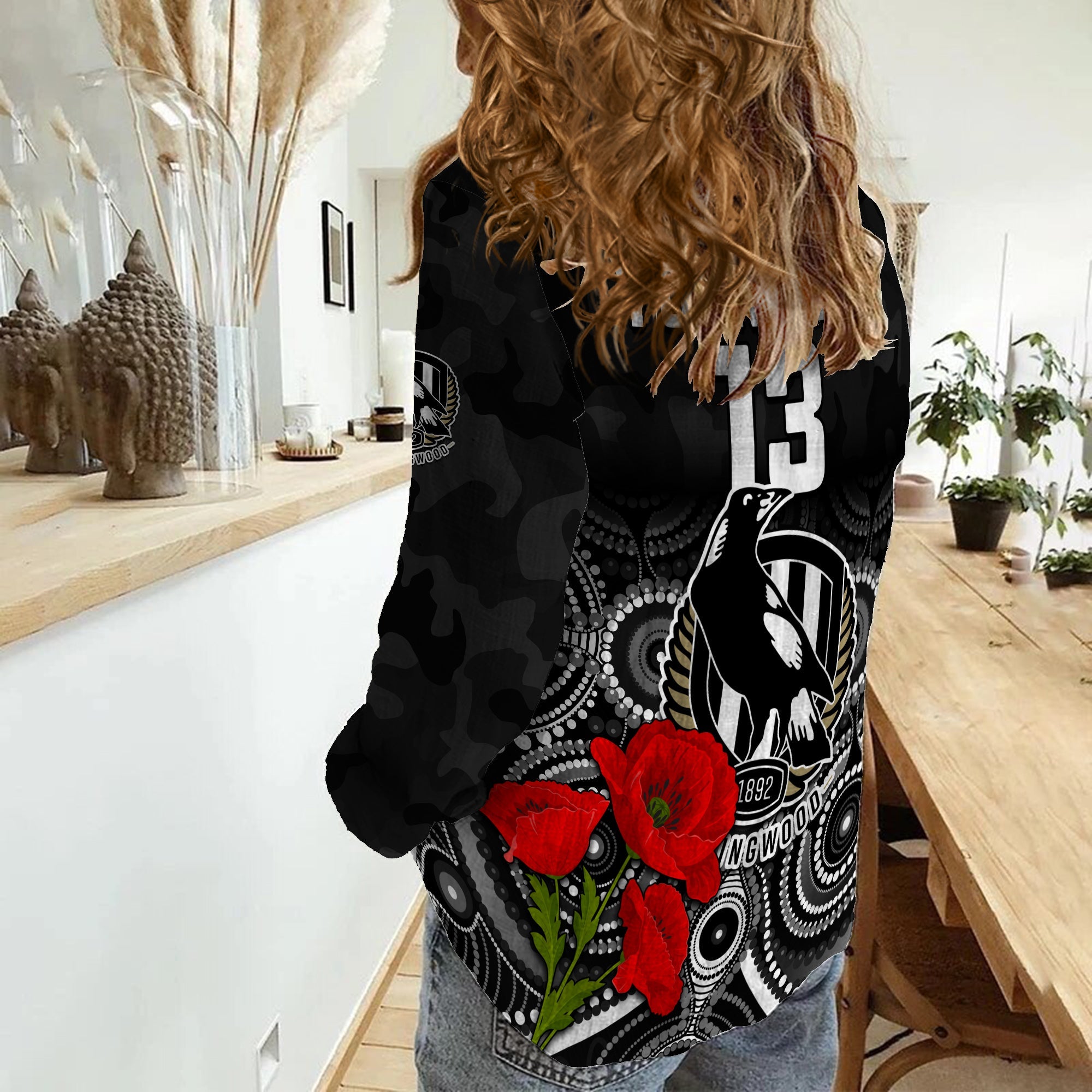 custom-text-and-number-magpies-football-anzac-day-women-casual-shirt-aboriginal-poppy-flowers