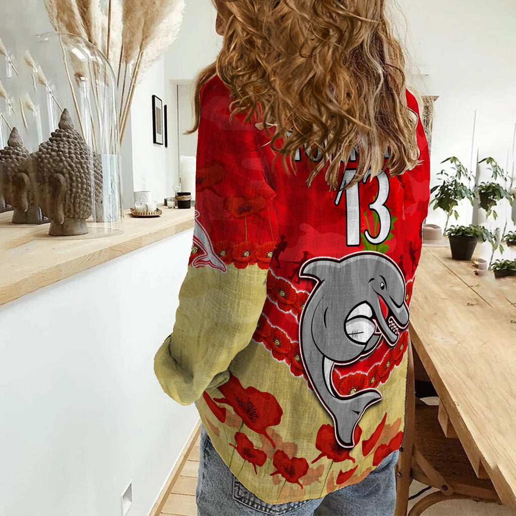 custom-text-and-number-dolphins-rugby-women-casual-shirt-anzac-day-lest-we-forget