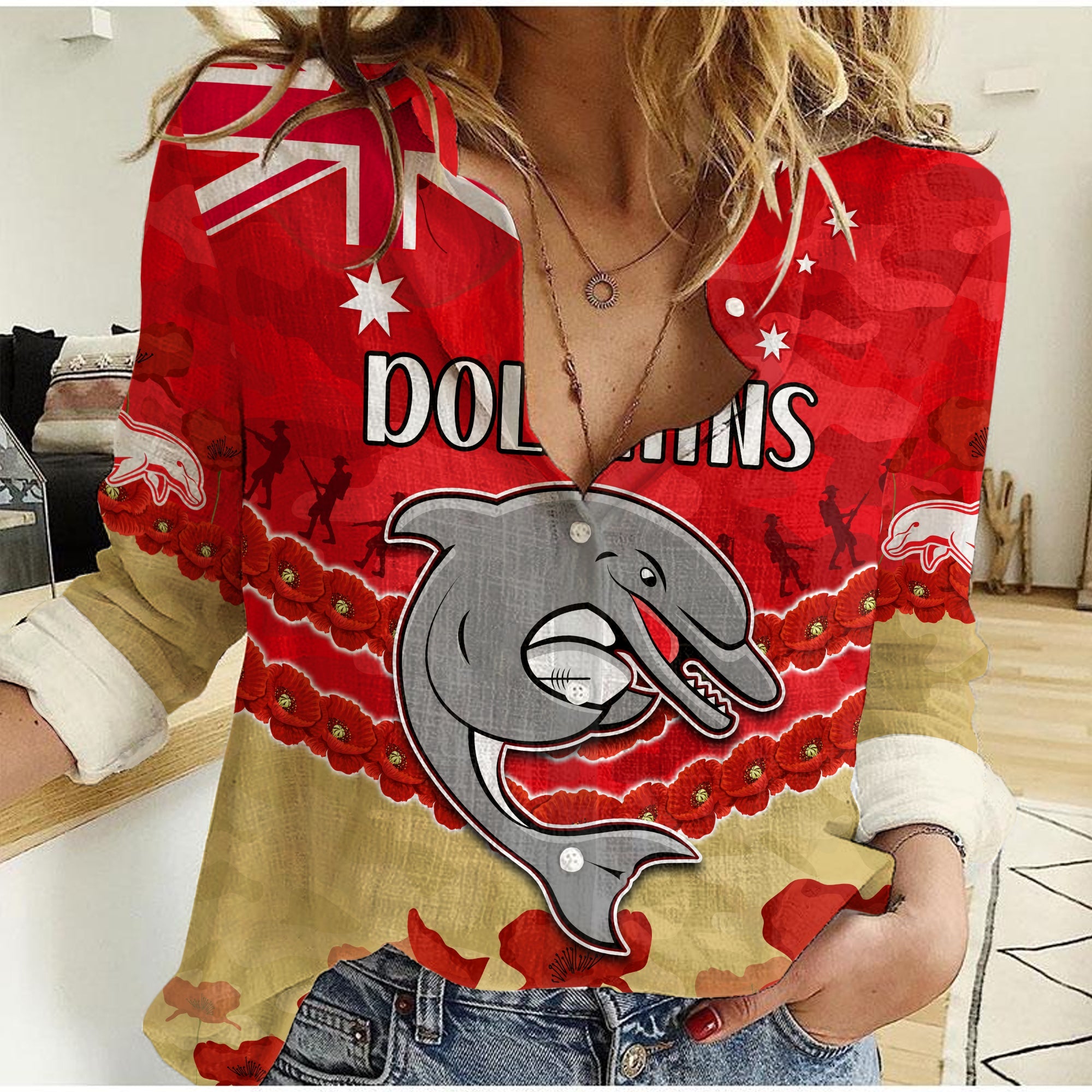 custom-text-and-number-dolphins-rugby-women-casual-shirt-anzac-day-lest-we-forget