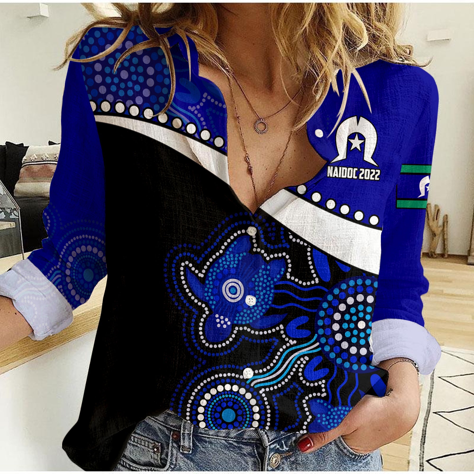naidoc-week-2022-women-casual-shirt-torres-strait-islander-version-blue-aboriginal-turtles