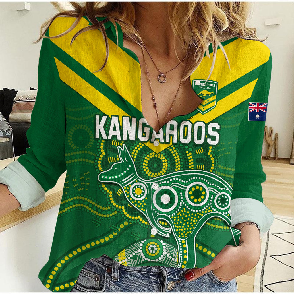 custom-text-and-number-australia-football-women-casual-shirt-kangaroos-boomerang-aboriginal