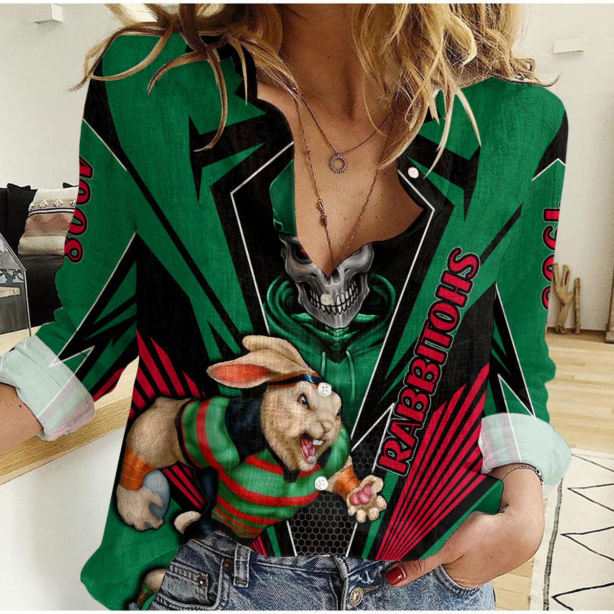 custom-personalised-rabbitohs-rugby-women-casual-shirt-mascot-south-sydney-since-1908-cool-skull