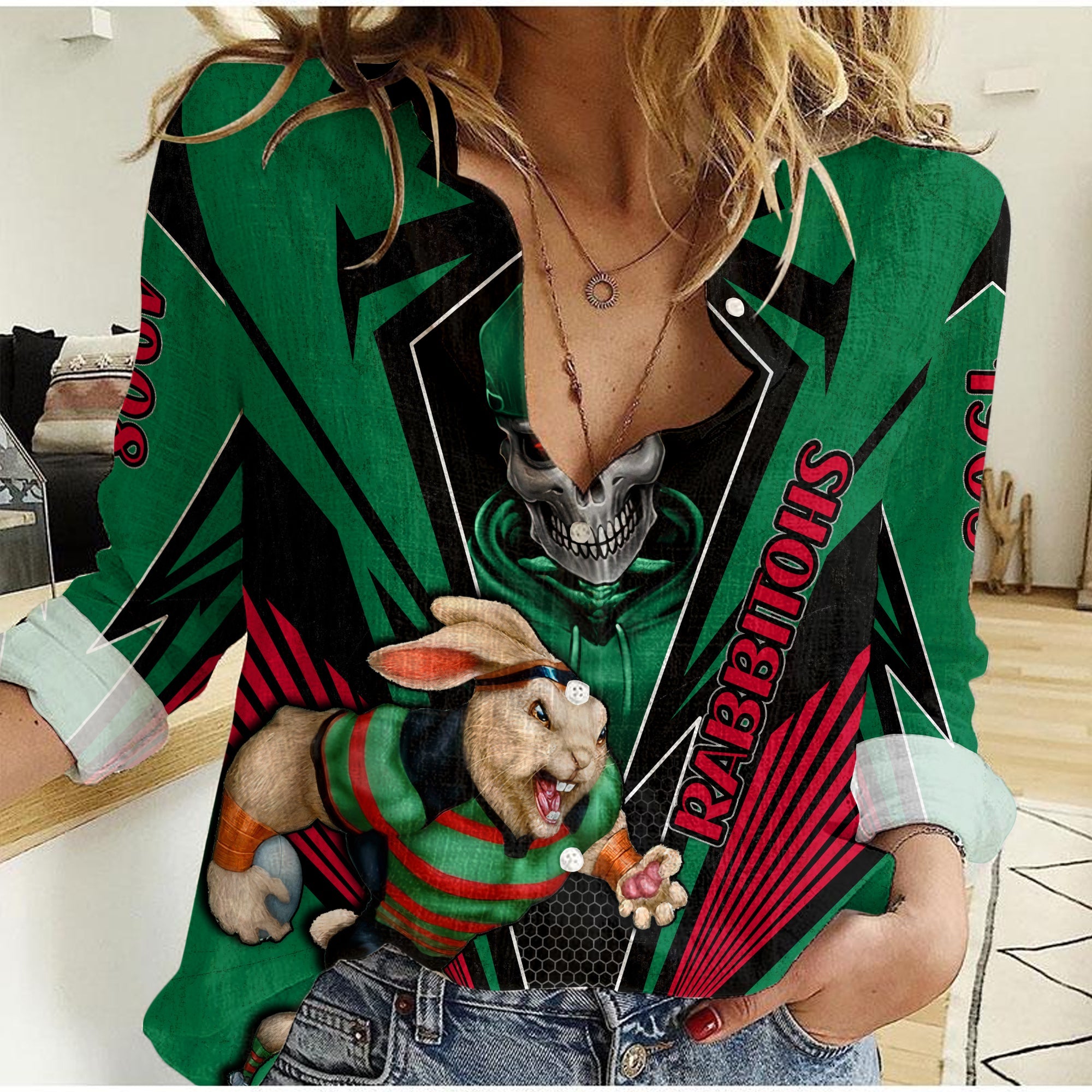 custom-personalised-rabbitohs-rugby-women-casual-shirt-mascot-south-sydney-since-1908-cool-skull