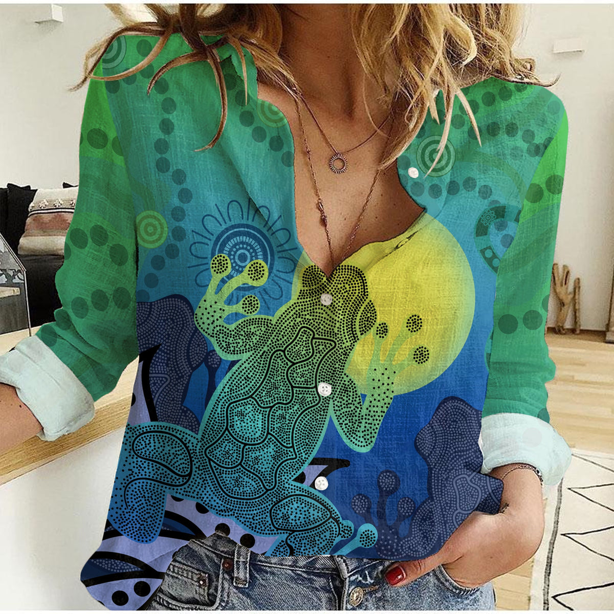 aboriginal-indigenous-frog-blue-women-casual-shirt