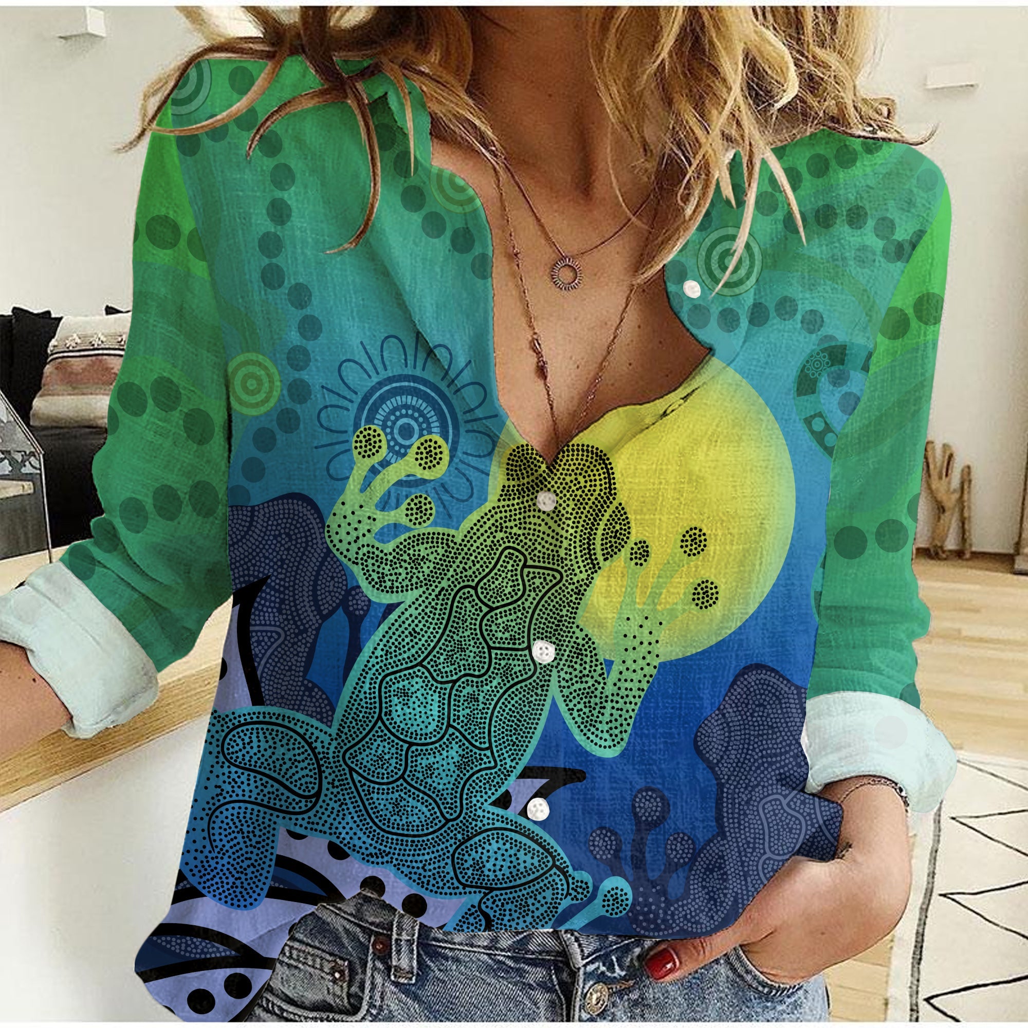 aboriginal-indigenous-frog-blue-women-casual-shirt