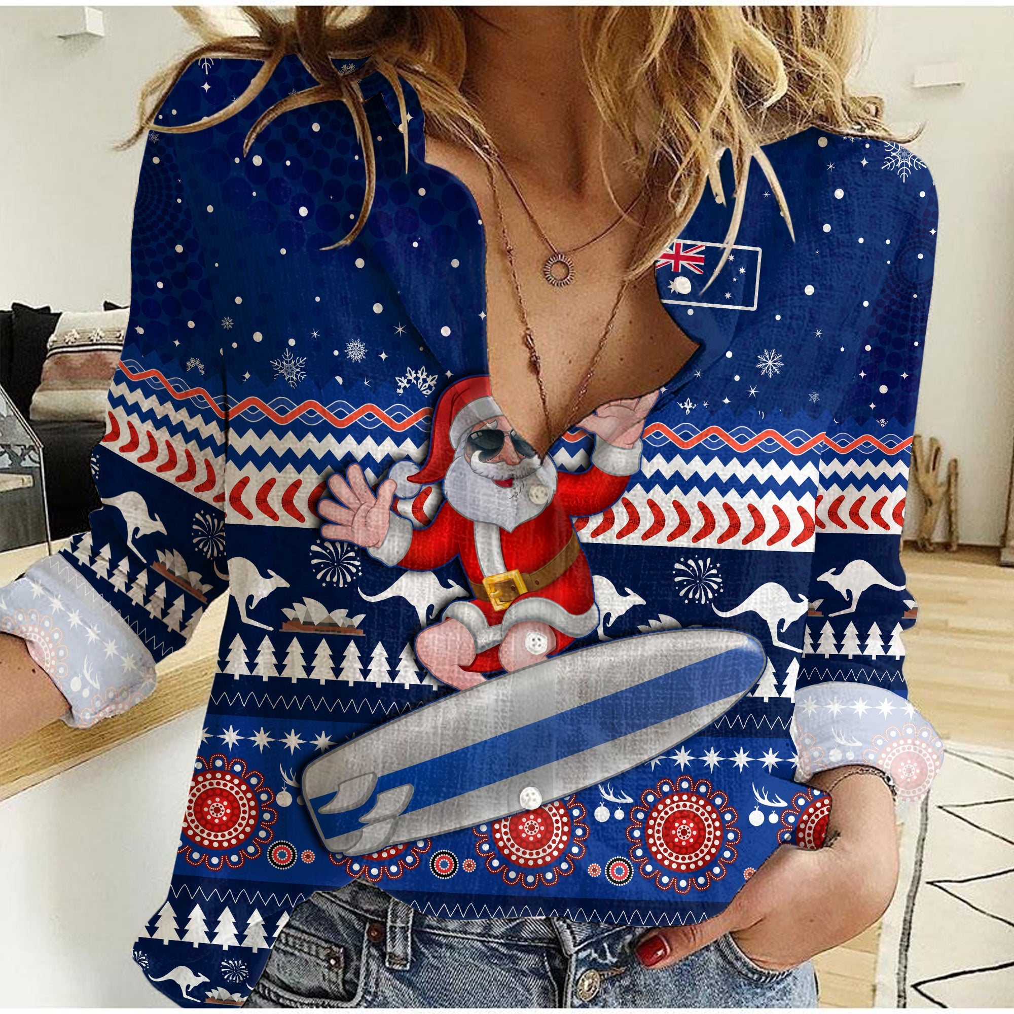 custom-personalised-australia-christmas-women-casual-shirt-aussie-aboriginal-santa-claus-is-surfing-with-kangaroo