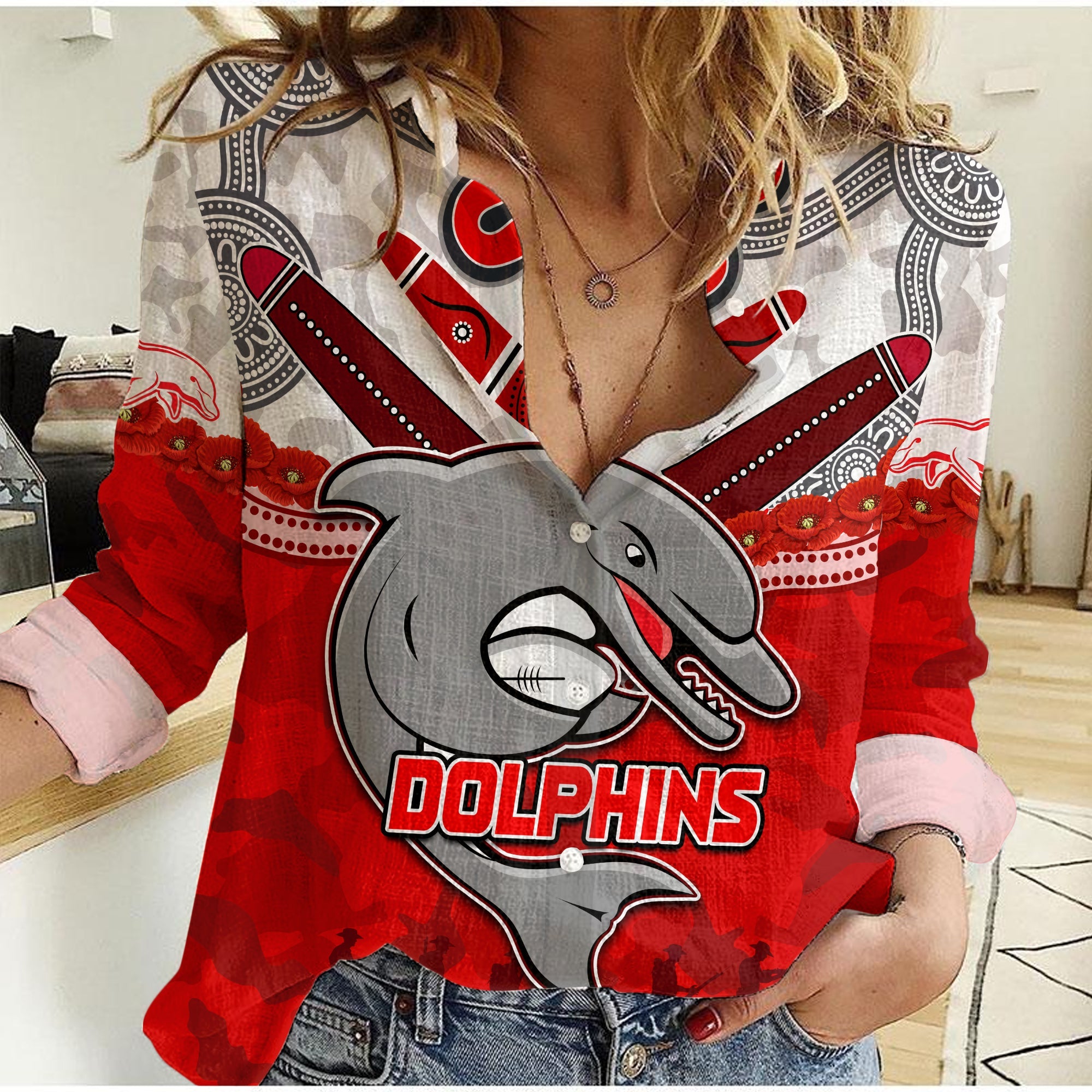 custom-text-and-number-dolphins-rugby-women-casual-shirt-anzac-day-poppy-aboriginal