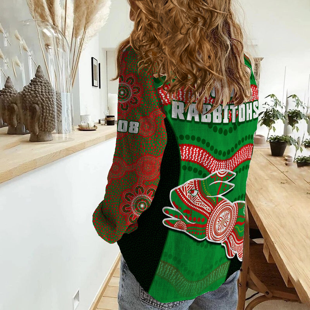 rabbitohs-rugby-women-casual-shirt-souths-1908-aboriginal-dot-painting-go-bunnies