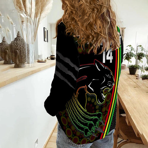 custom-text-and-number-penrith-panthers-rugby-women-casual-shirt-the-mountain-men-aboriginal-art-dynamic