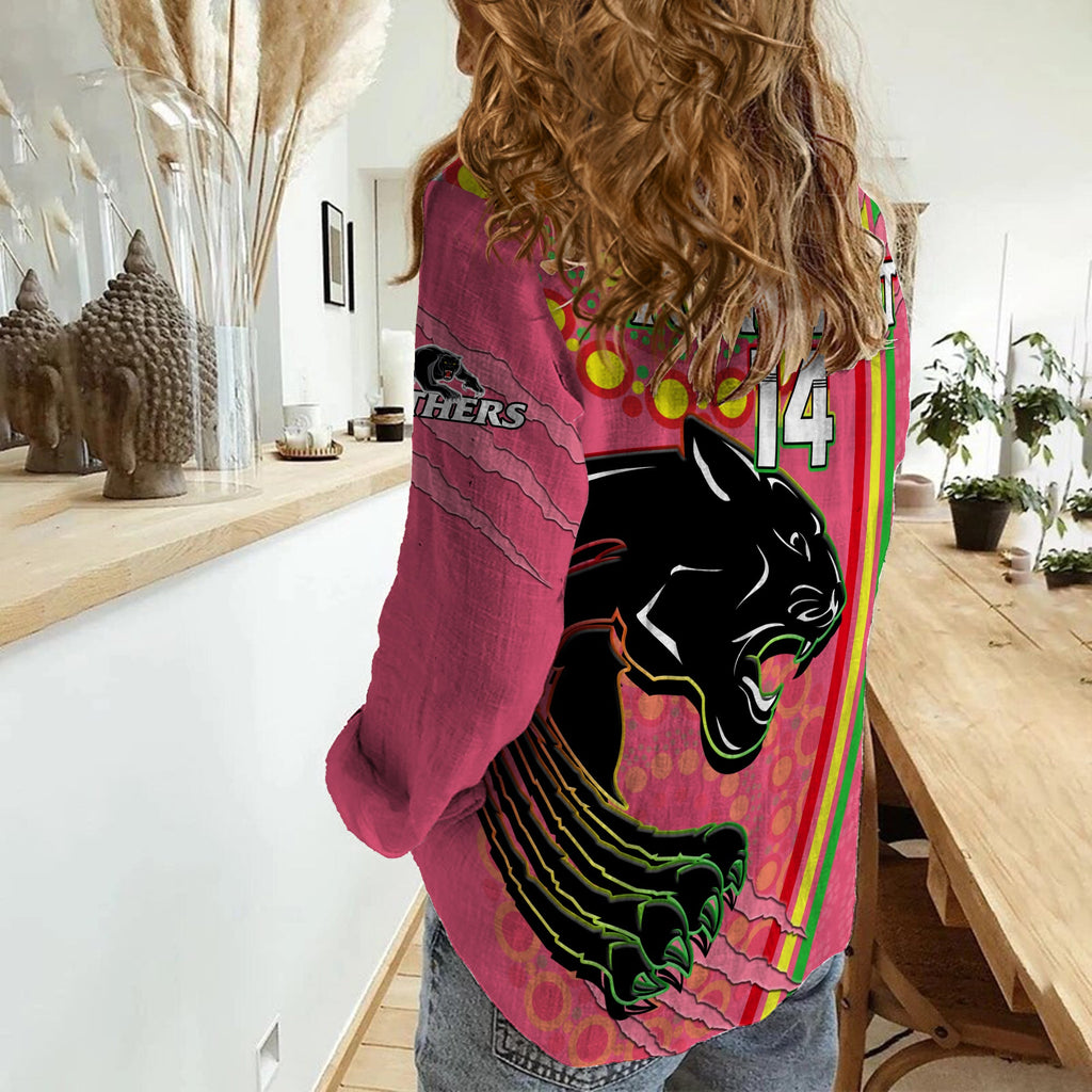 custom-text-and-number-panthers-rugby-women-casual-shirt-the-mountain-men-aboriginal-art-dynamic-pink-version