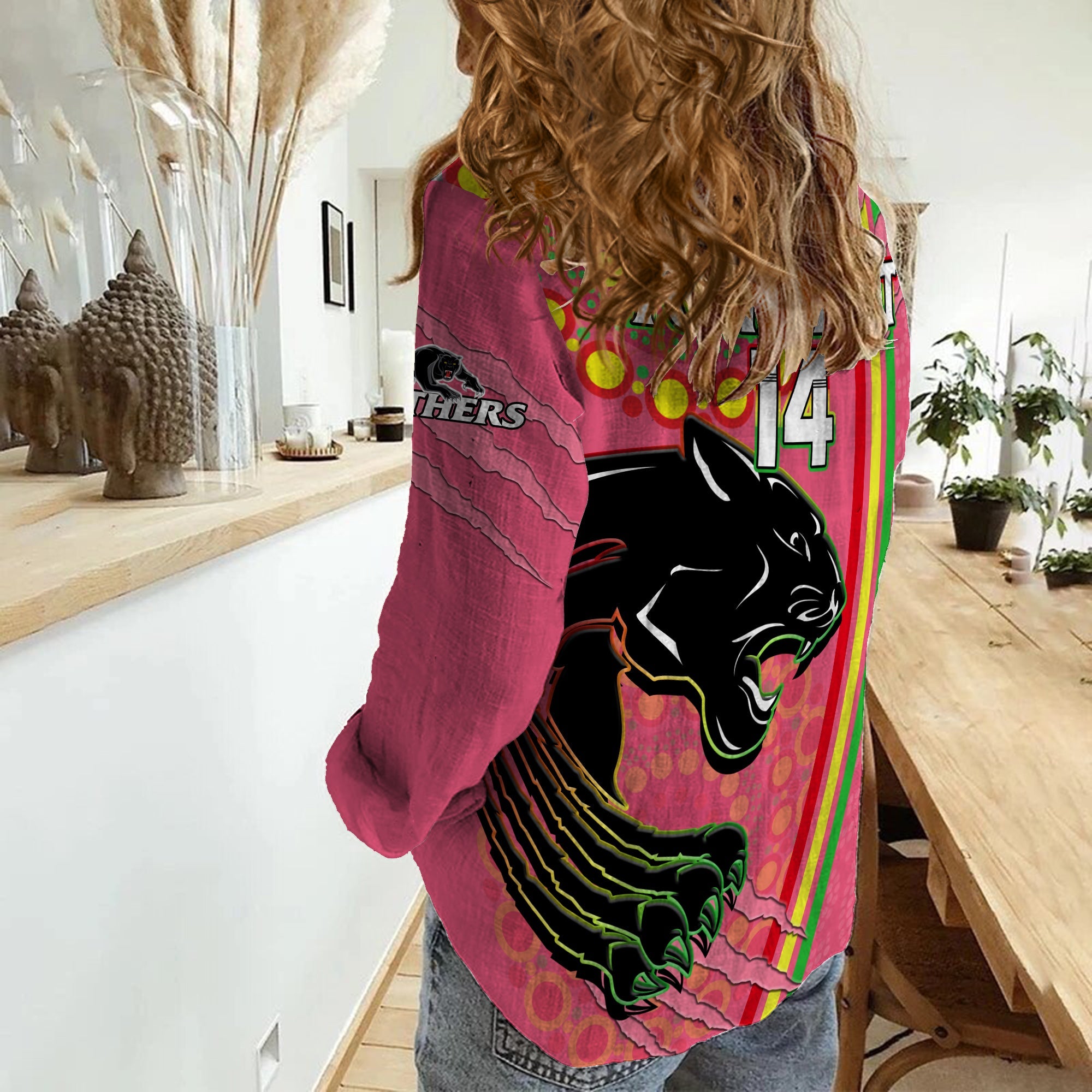 custom-text-and-number-panthers-rugby-women-casual-shirt-the-mountain-men-aboriginal-art-dynamic-pink-version
