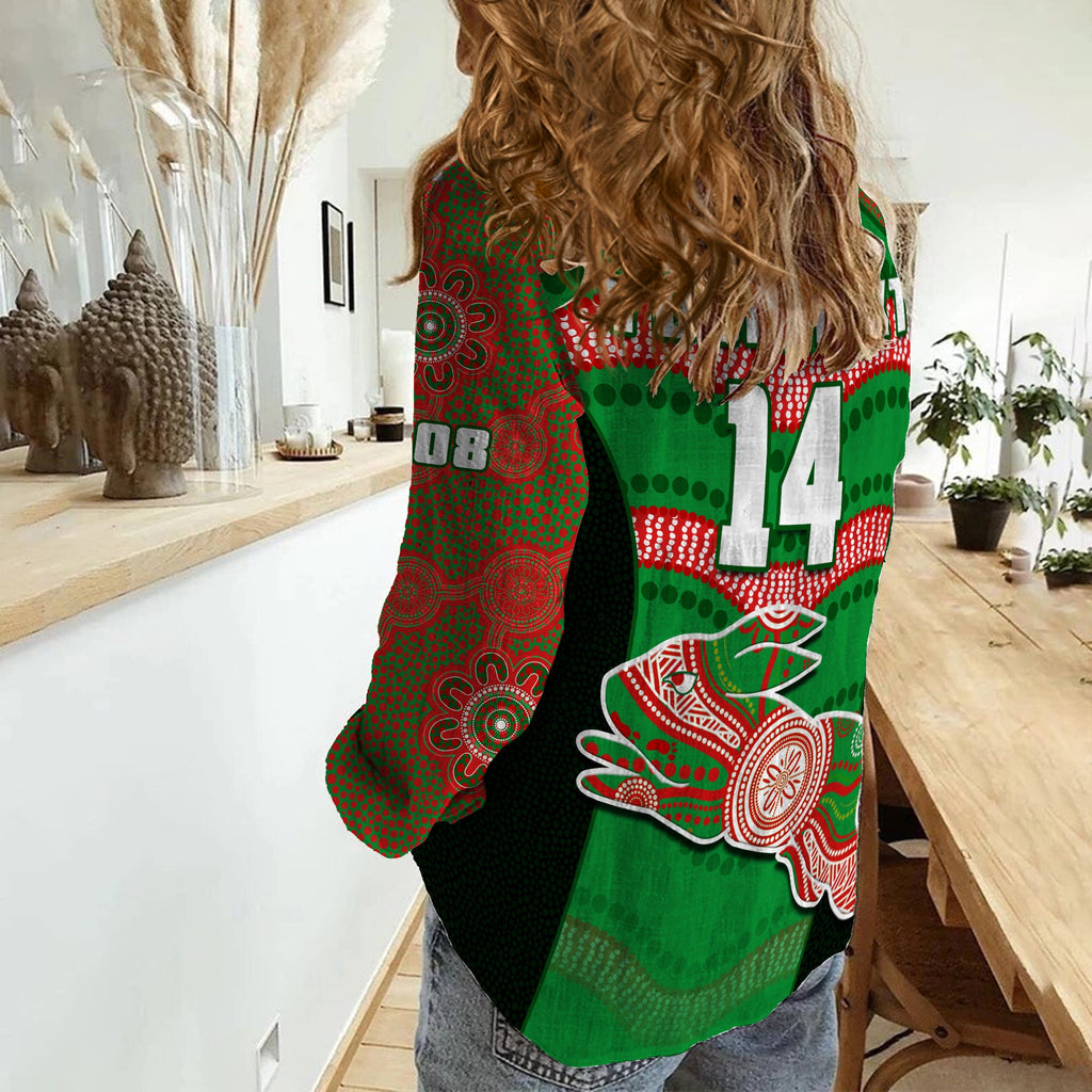 custom-text-and-number-rabbitohs-rugby-women-casual-shirt-souths-1908-aboriginal-dot-painting-go-bunnies