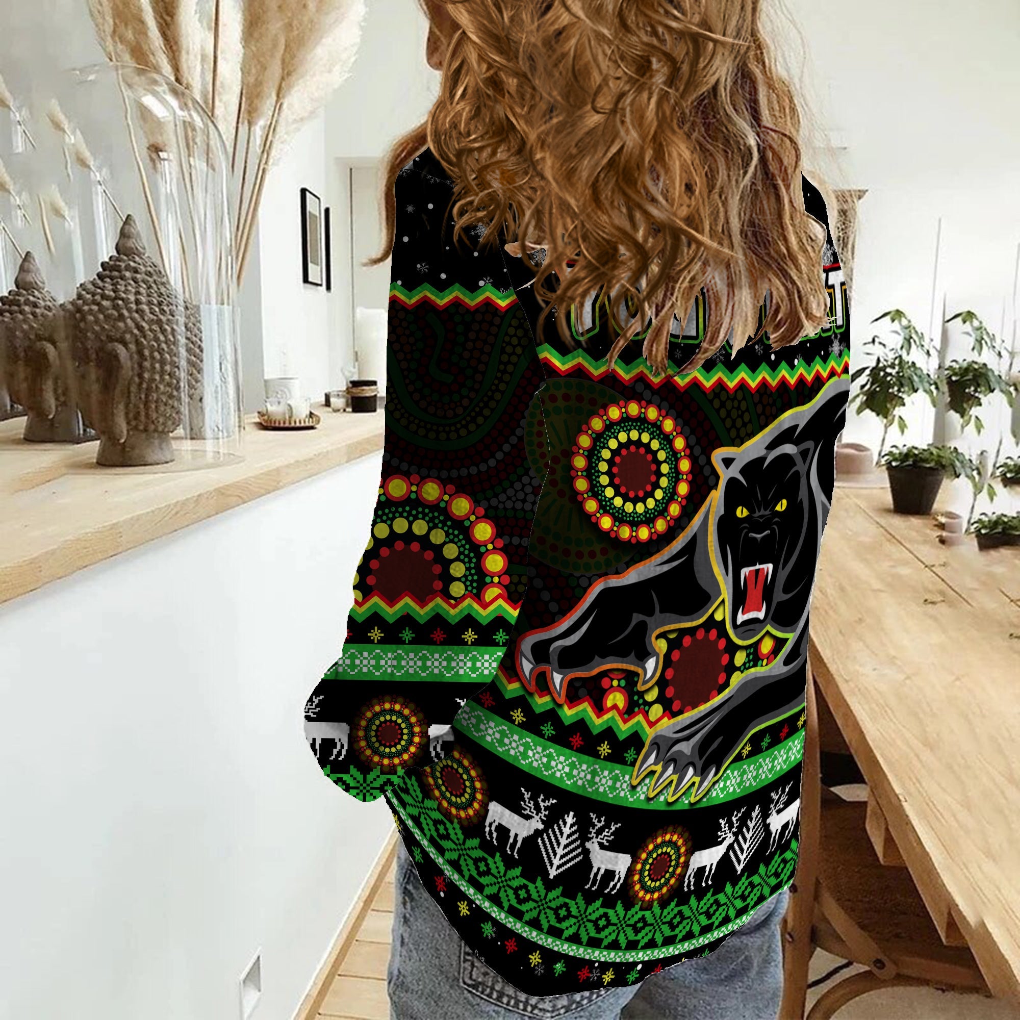 custom-personalised-panthers-christmas-women-casual-shirt-aboriginal-pattern-penrith-black-version
