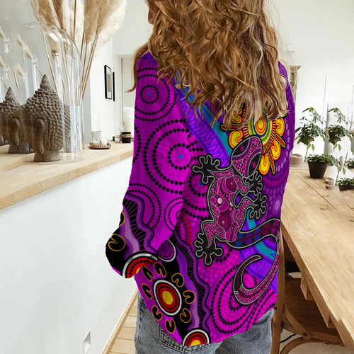 australia-lizard-and-sun-women-casual-shirt-aboriginal-art-purple
