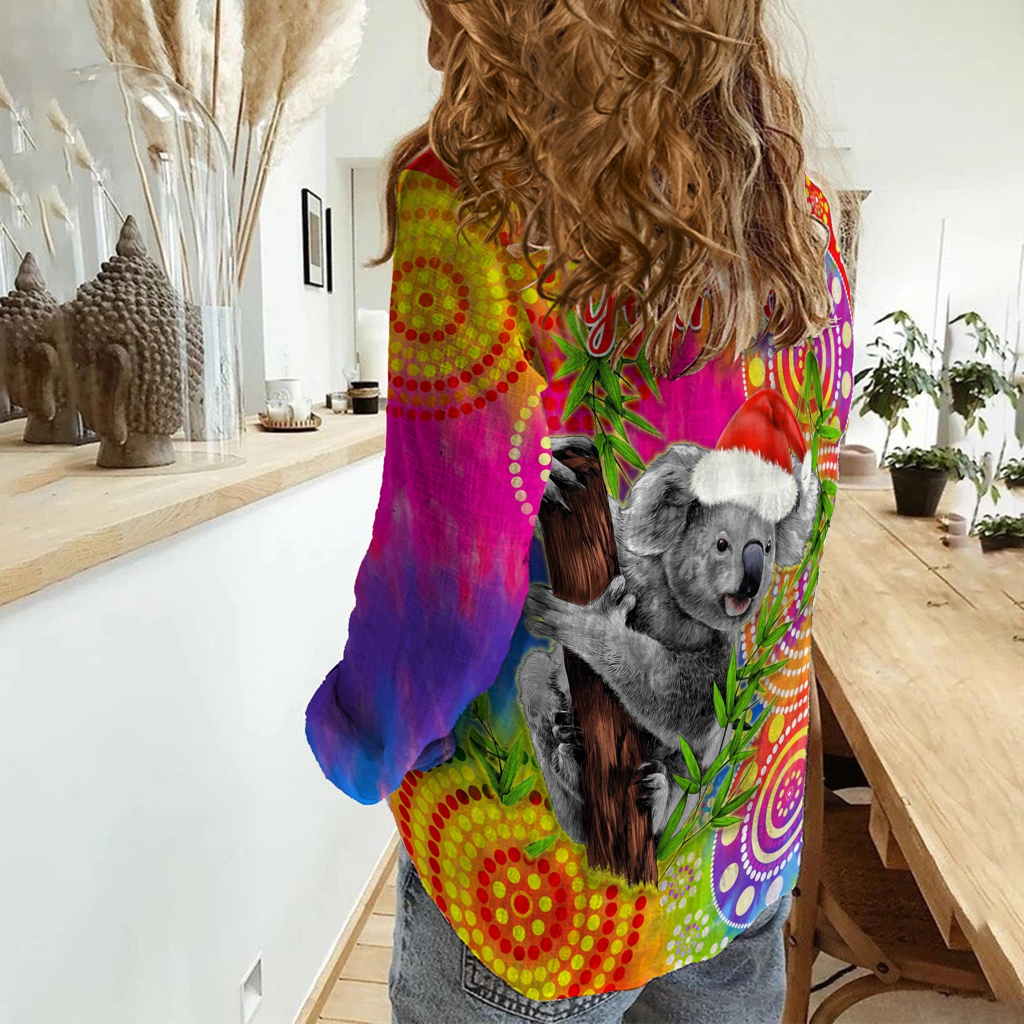 custom-personalised-australia-koala-aboriginal-women-casual-shirt-rainbow-tie-dye-merry-christmas