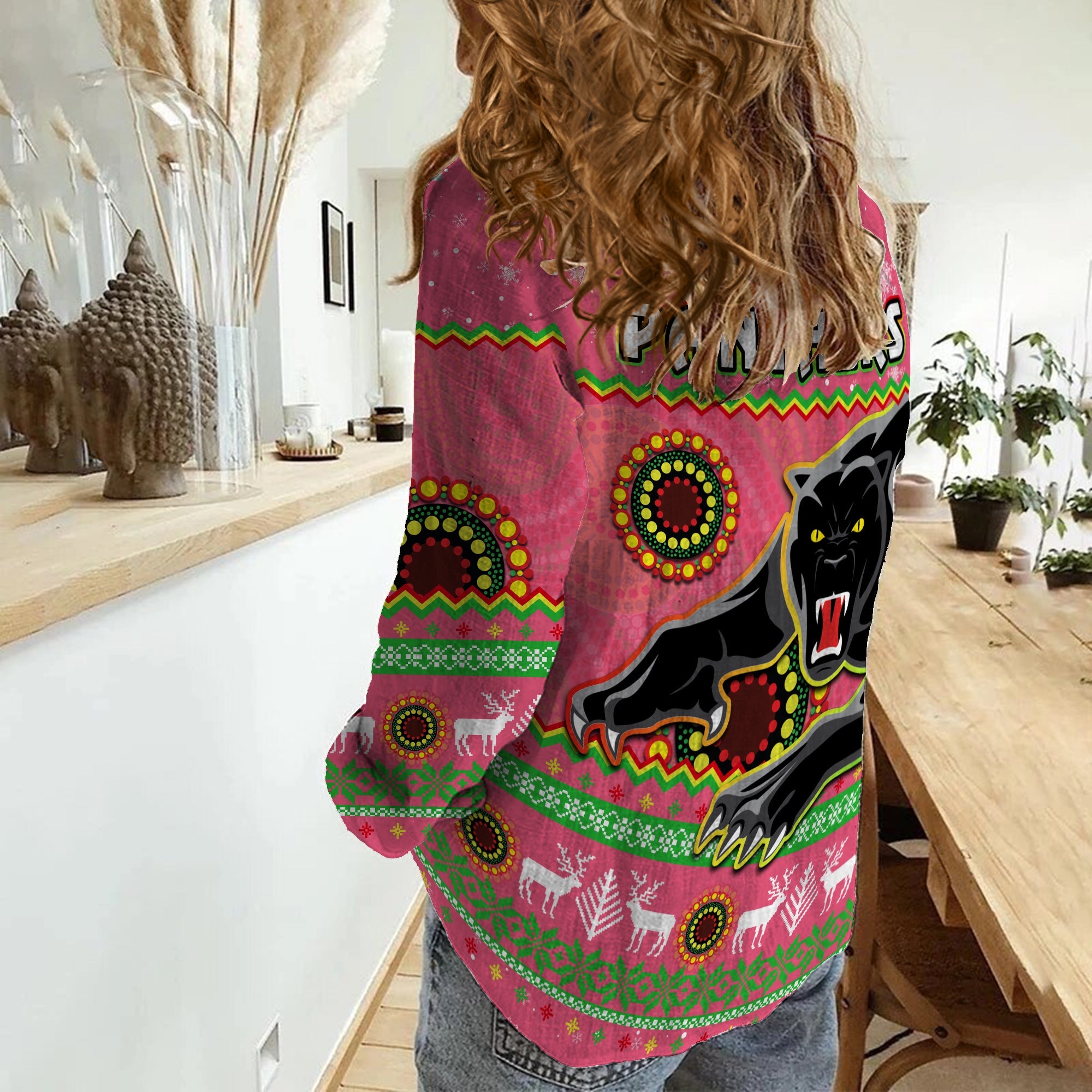 panthers-christmas-women-casual-shirt-aboriginal-pattern-penrith-pink-version